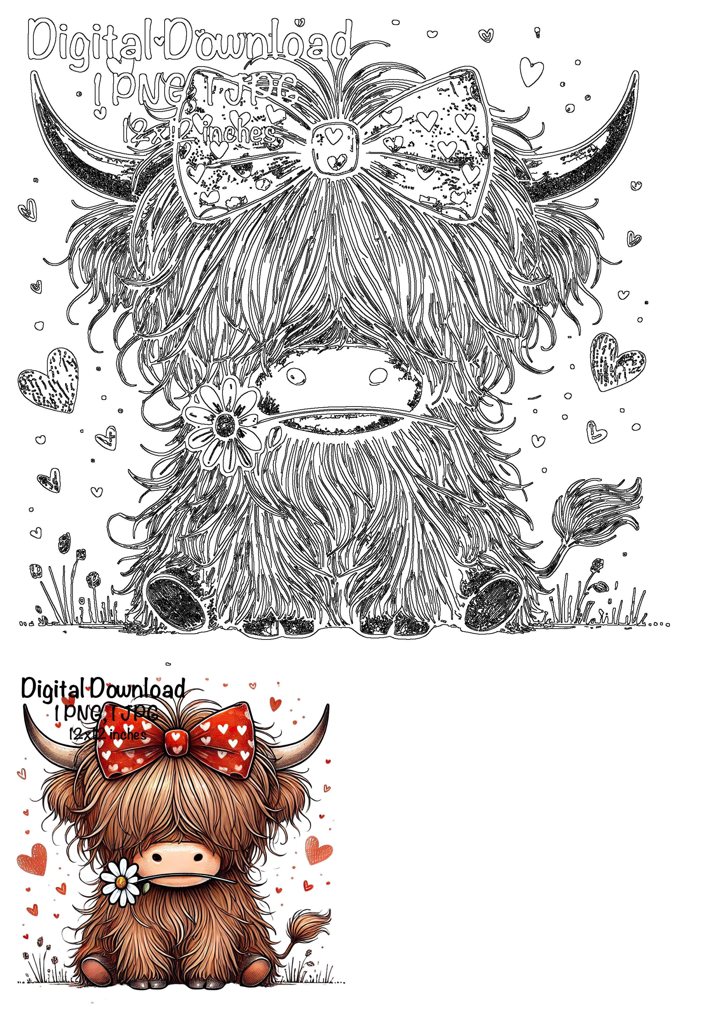 Cute Valentine Highland cow digital download PNG, featuring a fluffy calf with a heart bow, daisy, and floating hearts.