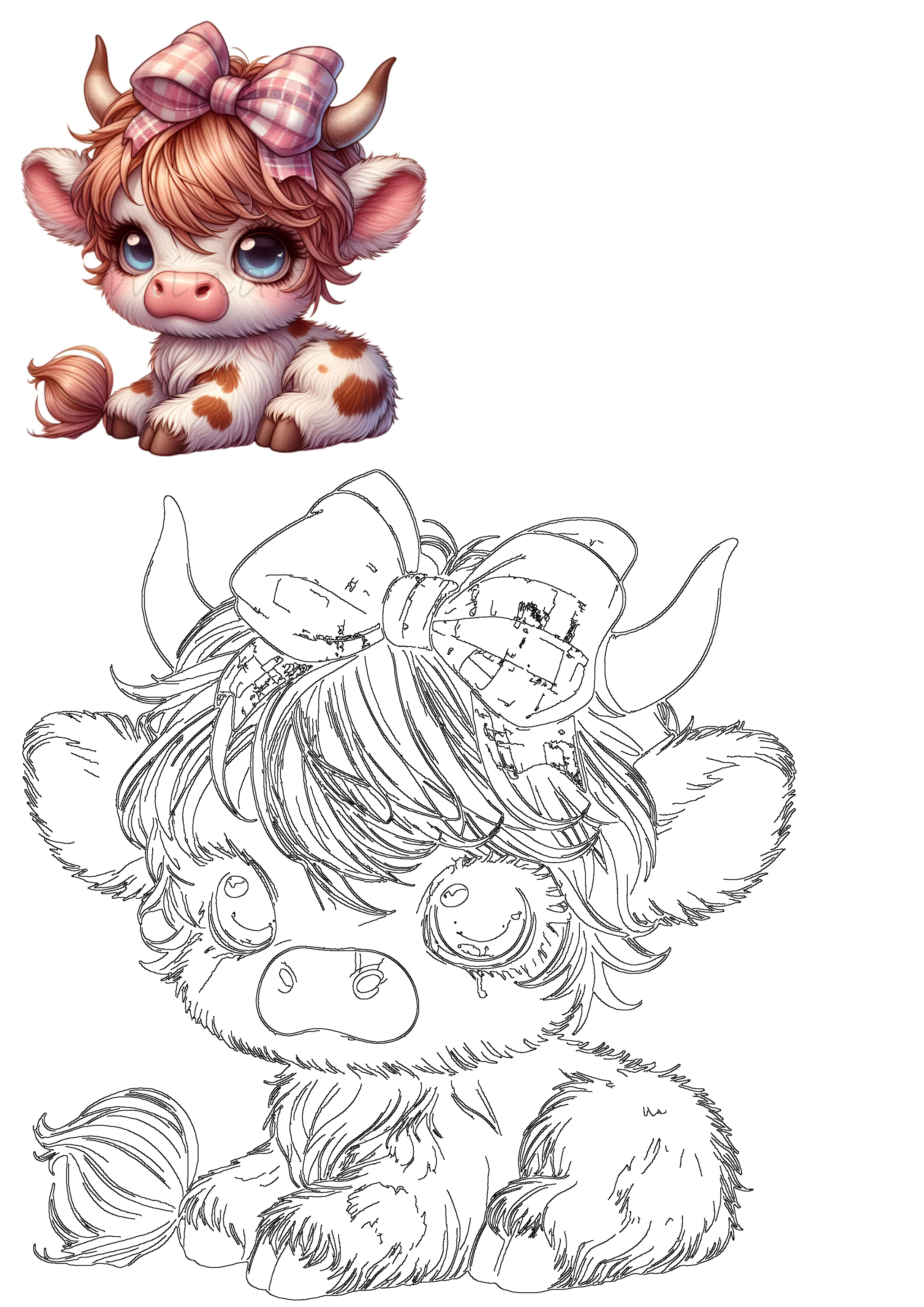 Cute fluffy cow with blue eyes, pink plaid bow, lying down, alongside its detailed line art. Perfect for coloring page fun.