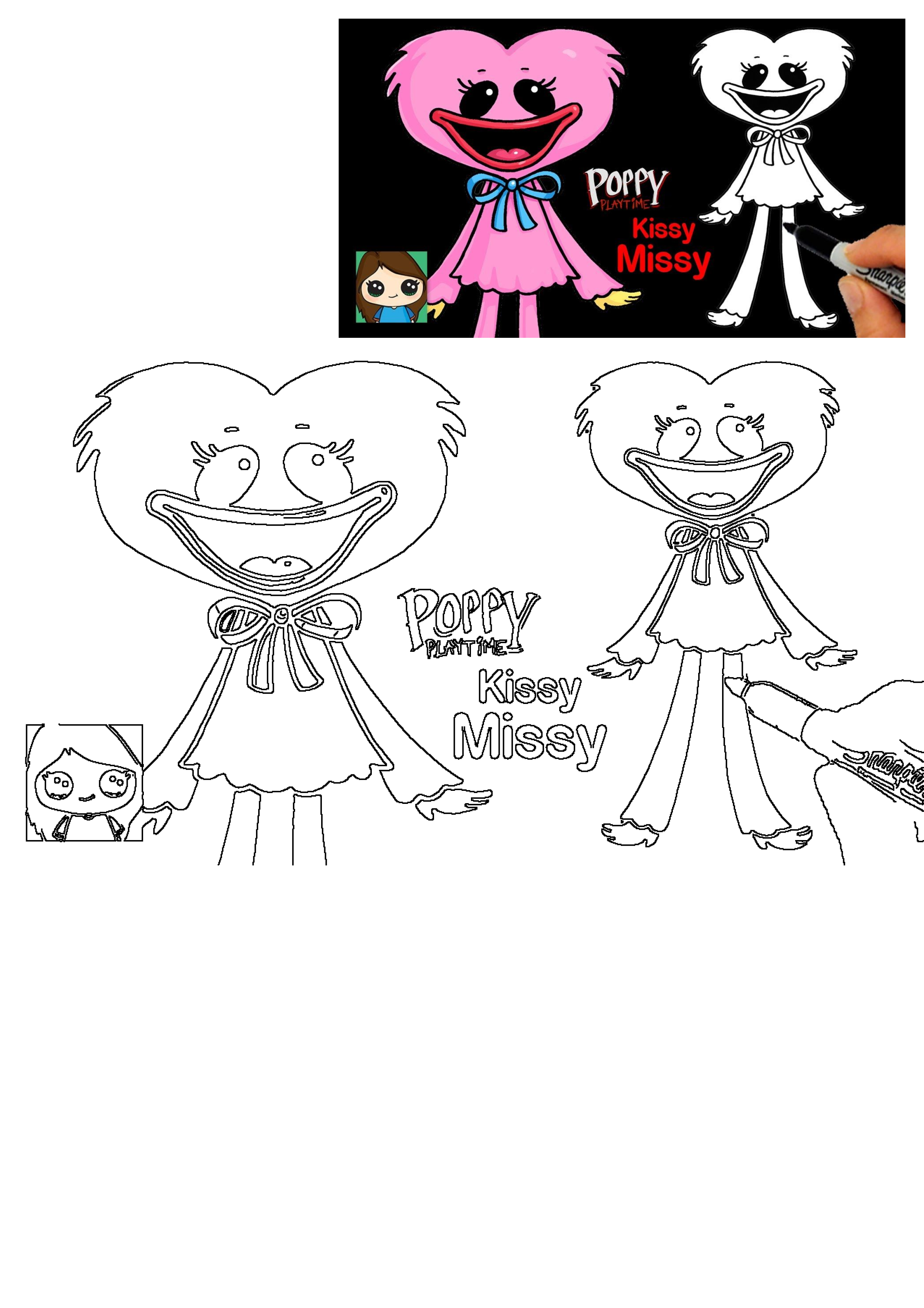 Learn how to draw Kissy Missy from Poppy Playtime. This character drawing guide features a colorful example and outlines.