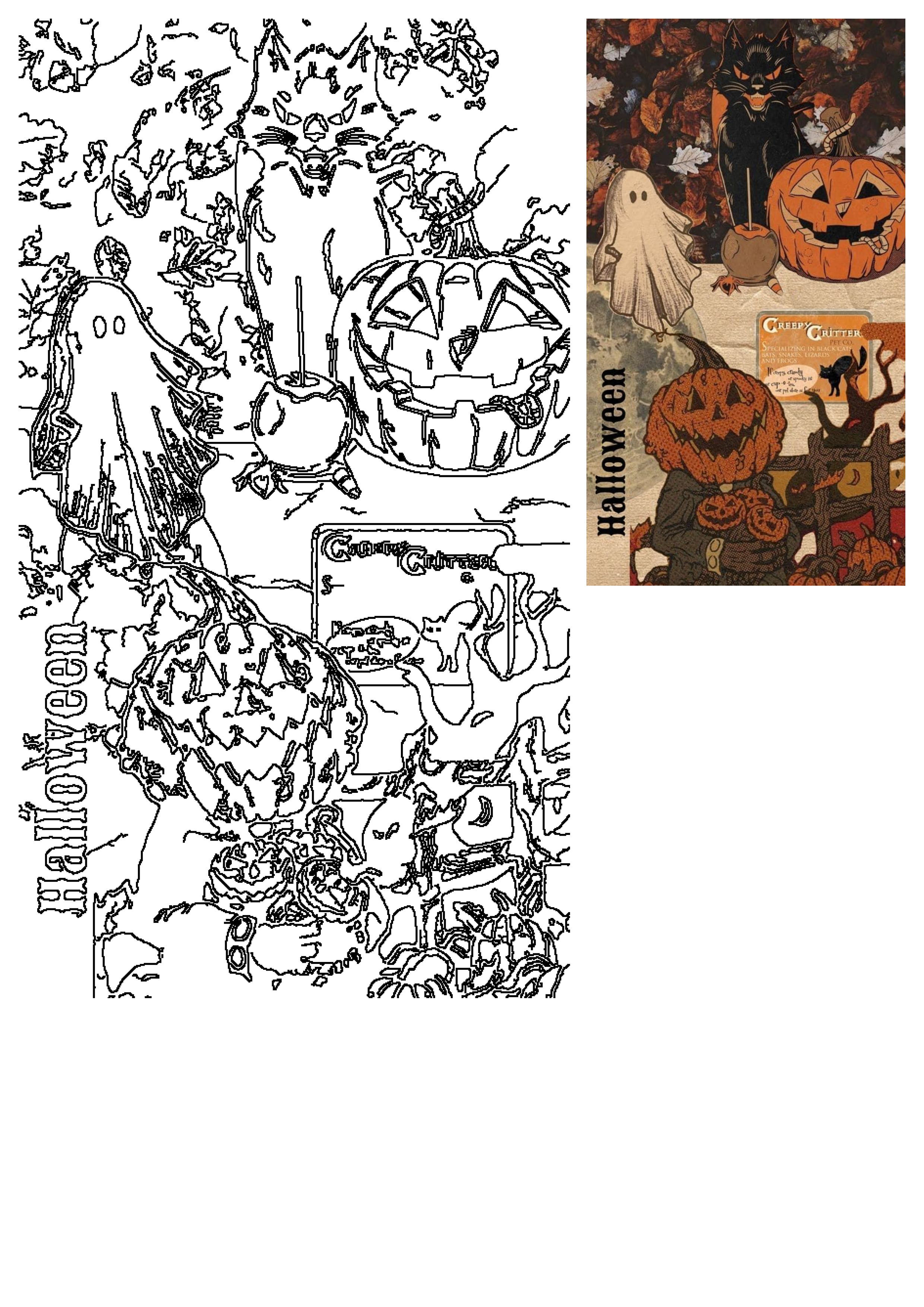 A vintage Halloween collage featuring a black cat, pumpkins, ghosts, and a pumpkin-headed figure, alongside its outline art version.