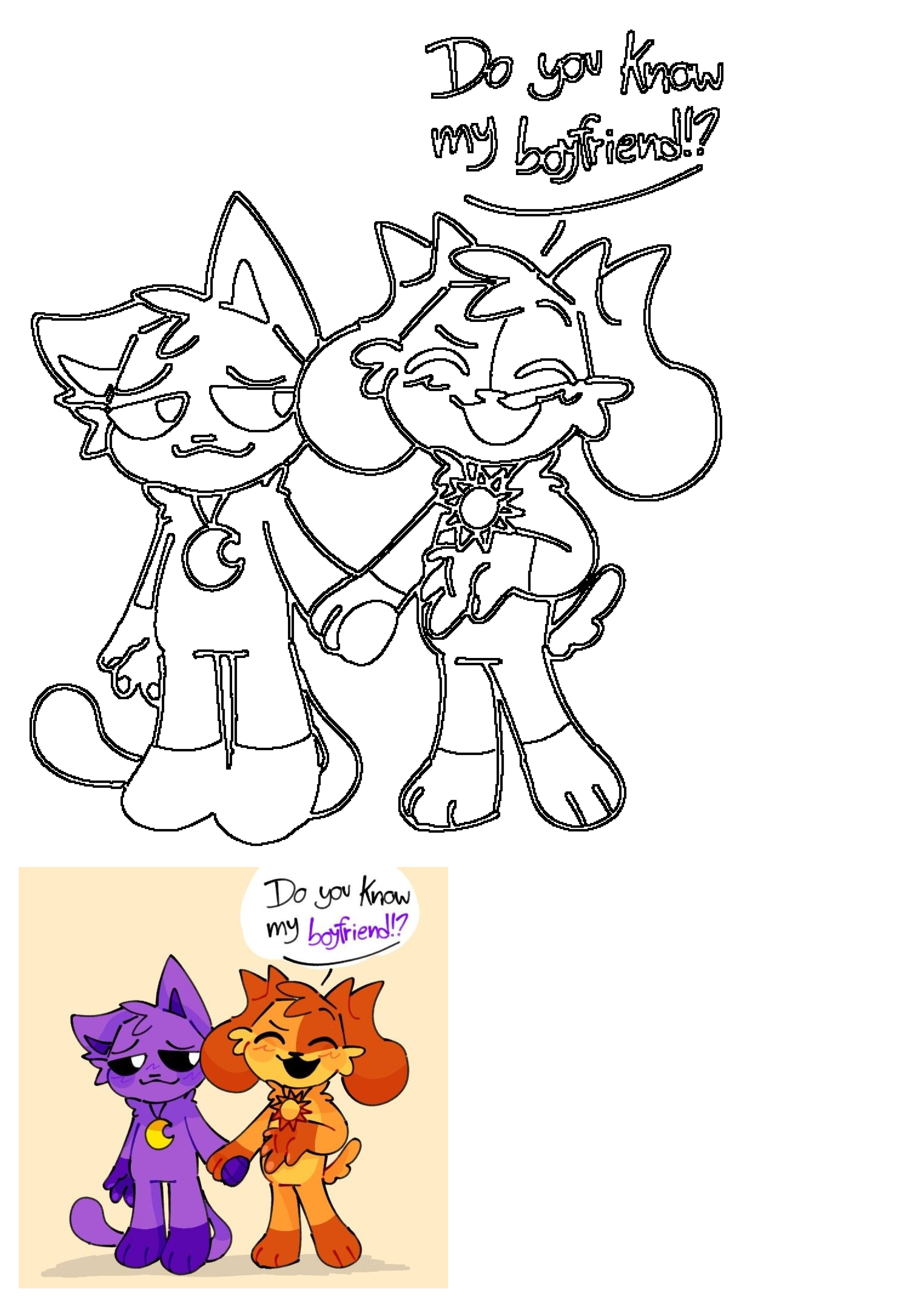 Two cartoon cats, one purple with a moon pendant and one orange with a sun pendant, hold hands. The orange cat asks 'Do you know my boyfriend!?'