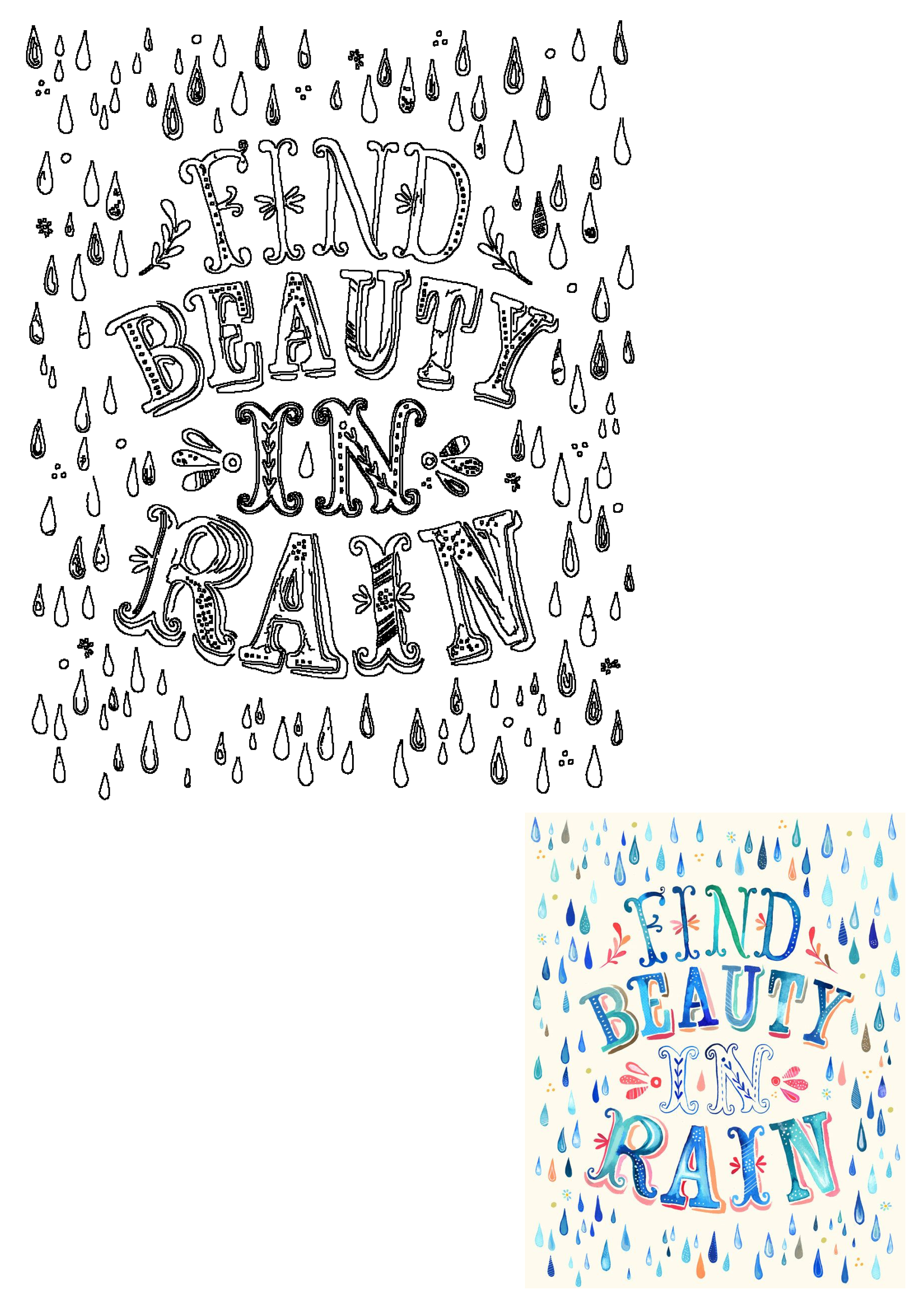 Black and white outline illustration featuring 'Find Beauty In Rain' in ornate, decorative lettering surrounded by whimsical raindrops.