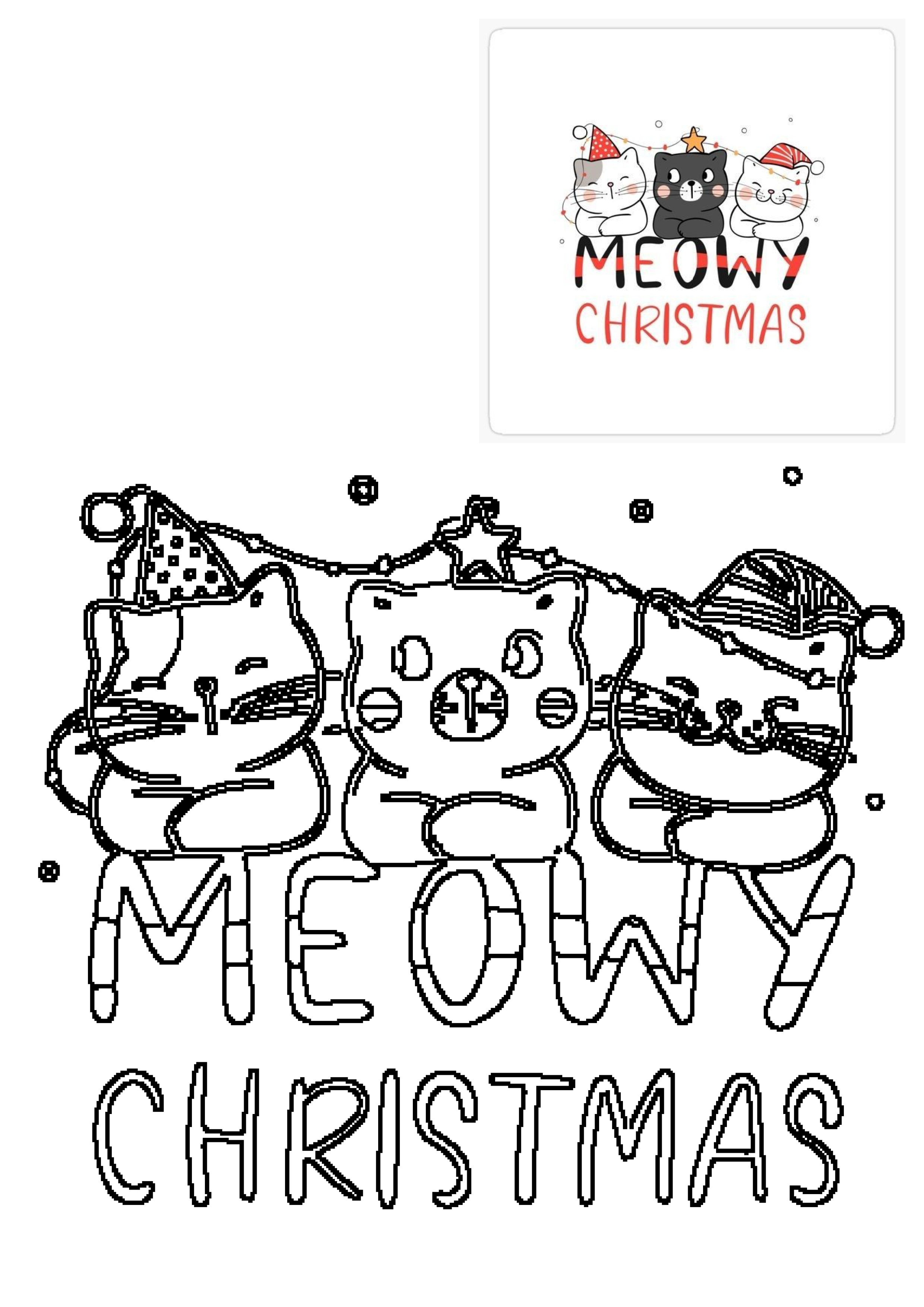 Three cute cartoon cats in Santa hats with string lights, featuring 'MEOWY CHRISTMAS' text. A charming festive design.