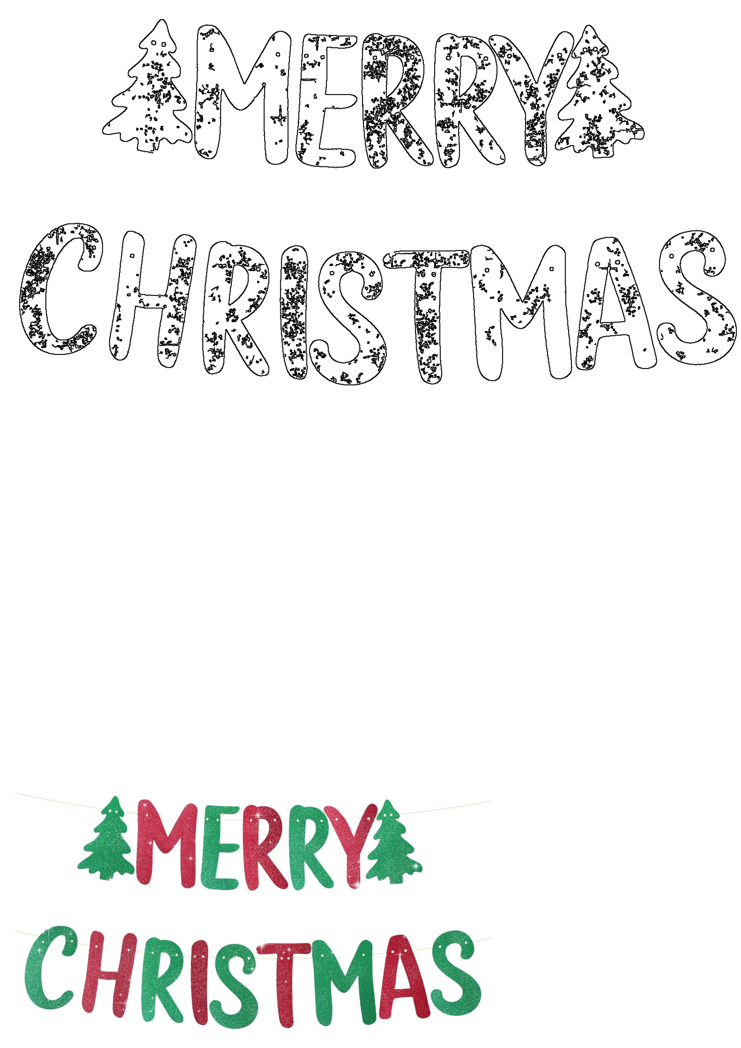 Festive Merry Christmas banner in red and green glitter, accompanied by an outline design featuring Christmas trees for crafts.