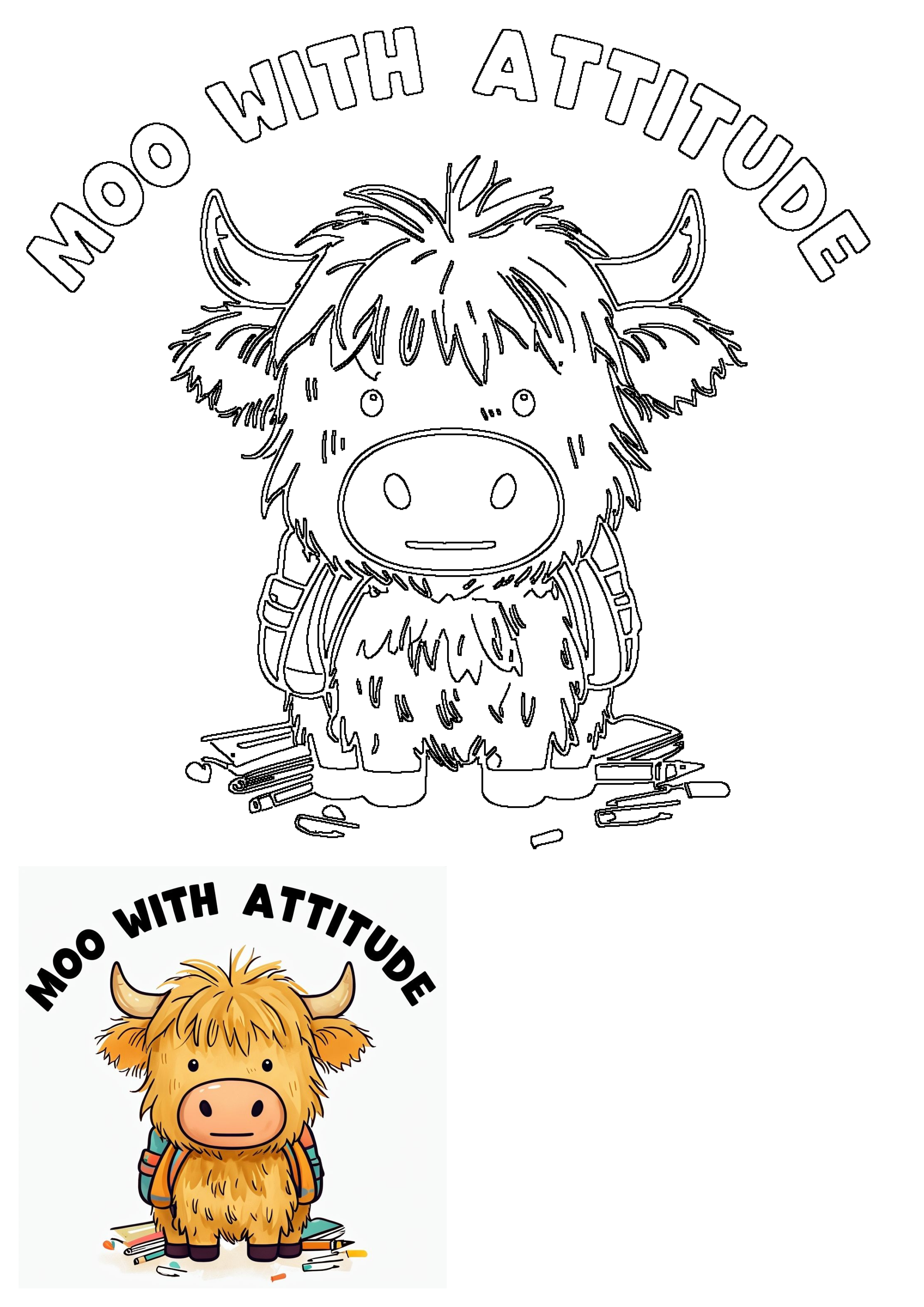Cute cartoon Highland cow outline with a backpack and school supplies, featuring 'Moo With Attitude' text, perfect for back to school 2025.