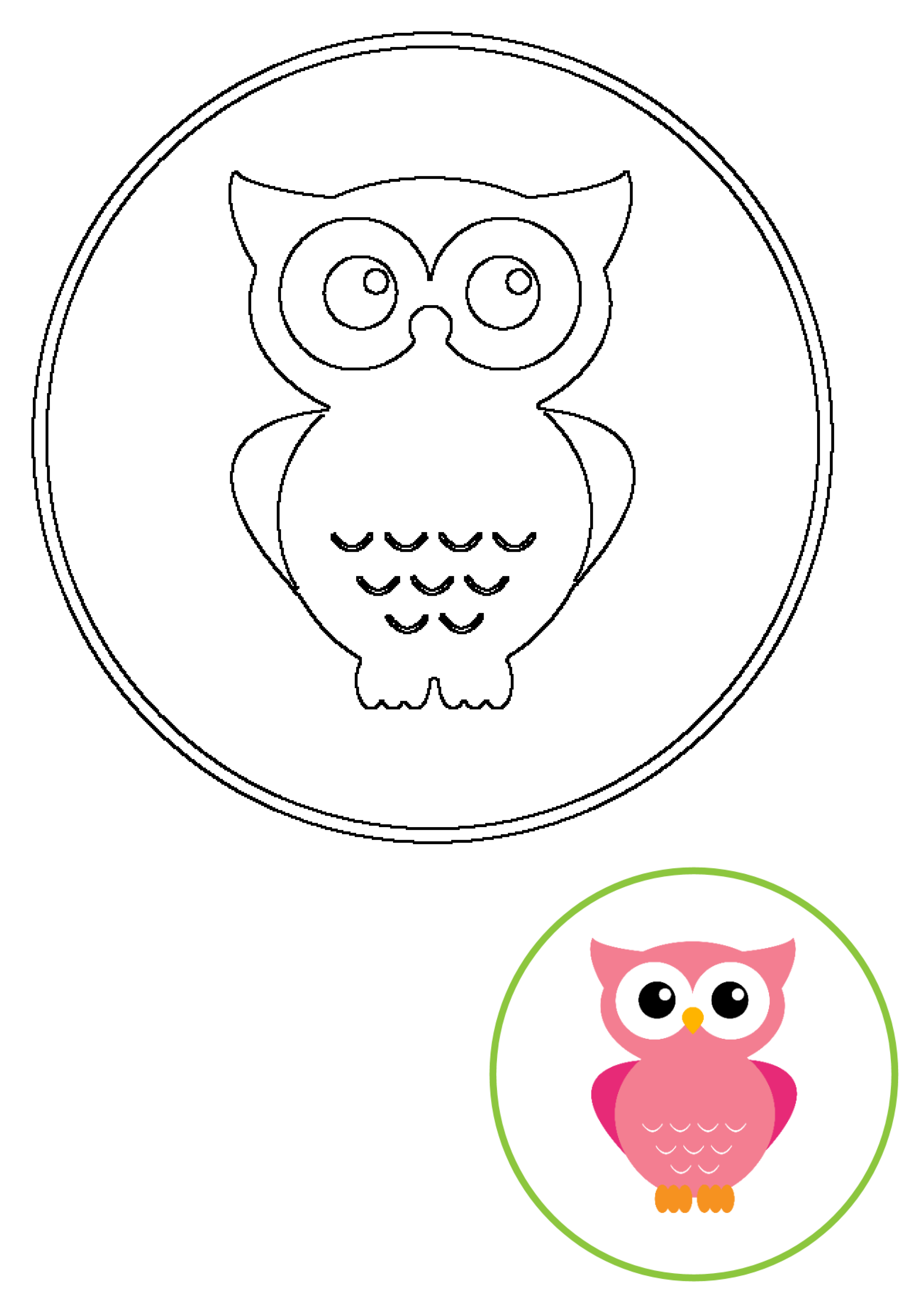 A black and white outline of a cute owl paired with a vibrant pink morepork owl for a baby shower invitation theme.