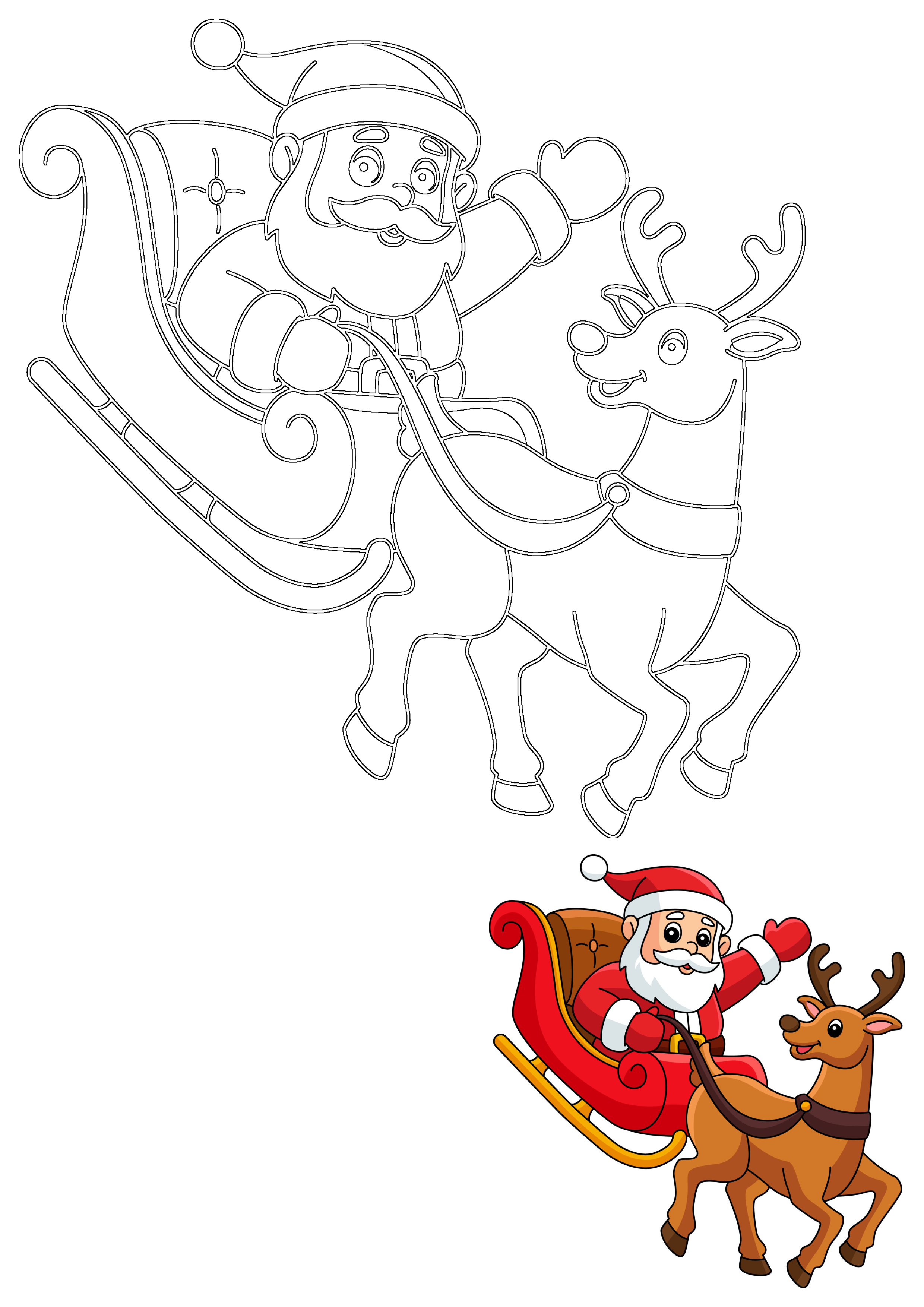 Cartoon illustration of Santa Claus in his sleigh pulled by a reindeer, showing both an outline and a colored version for festive holiday designs.