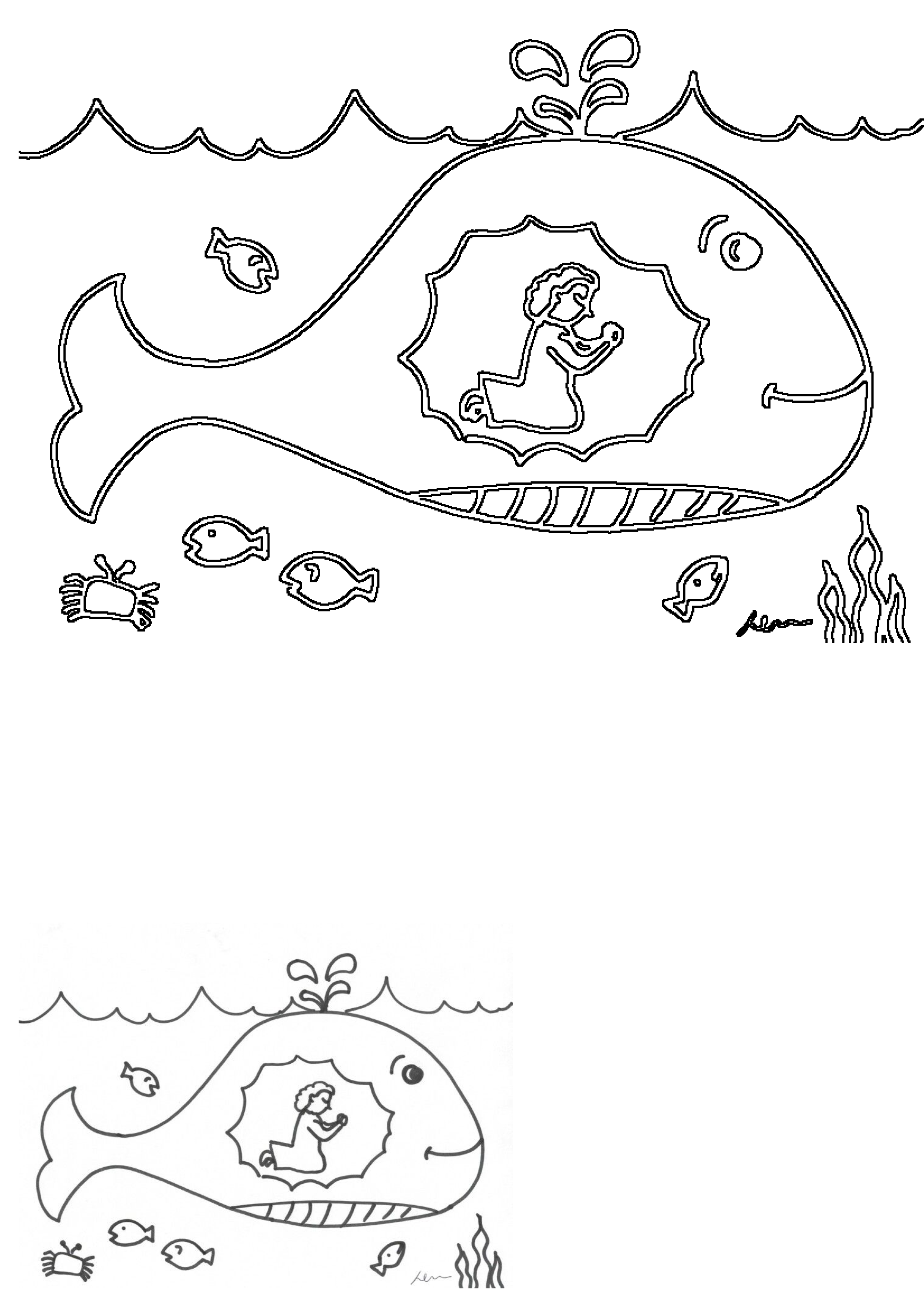 Outline illustration of Jonah praying inside the whale's belly, surrounded by water, fish, and a crab, depicting the biblical story.