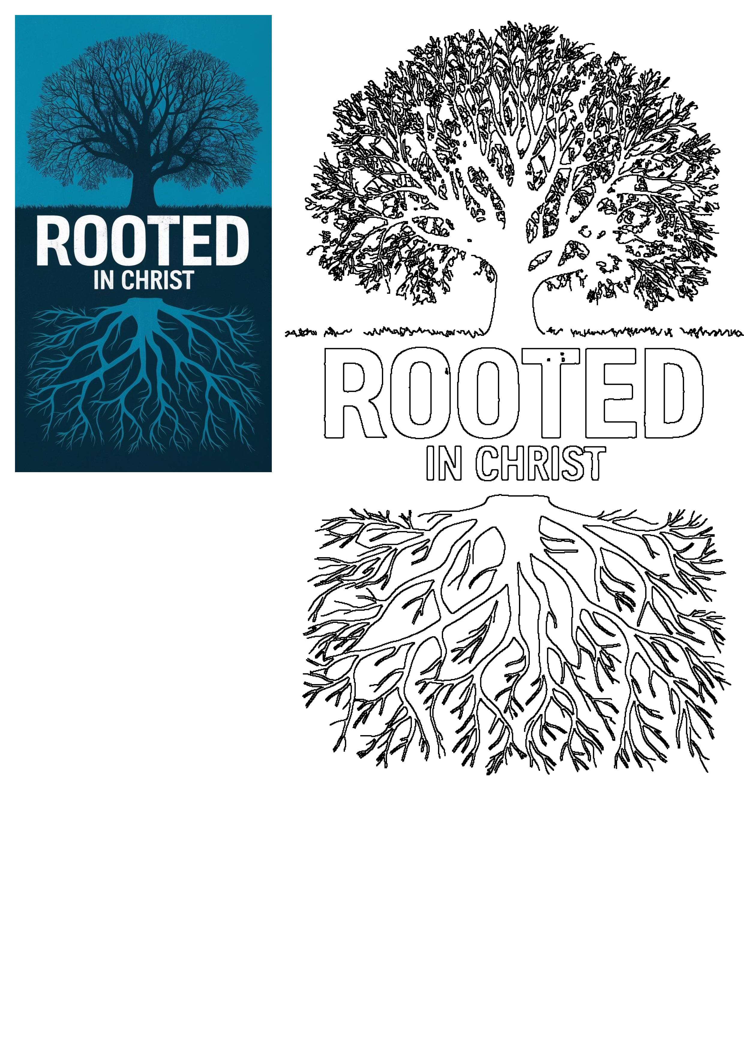 Rooted In Christ Tree Roots Spiritual Design, featuring a tree and its roots with text, shown in both vibrant color and outline form.