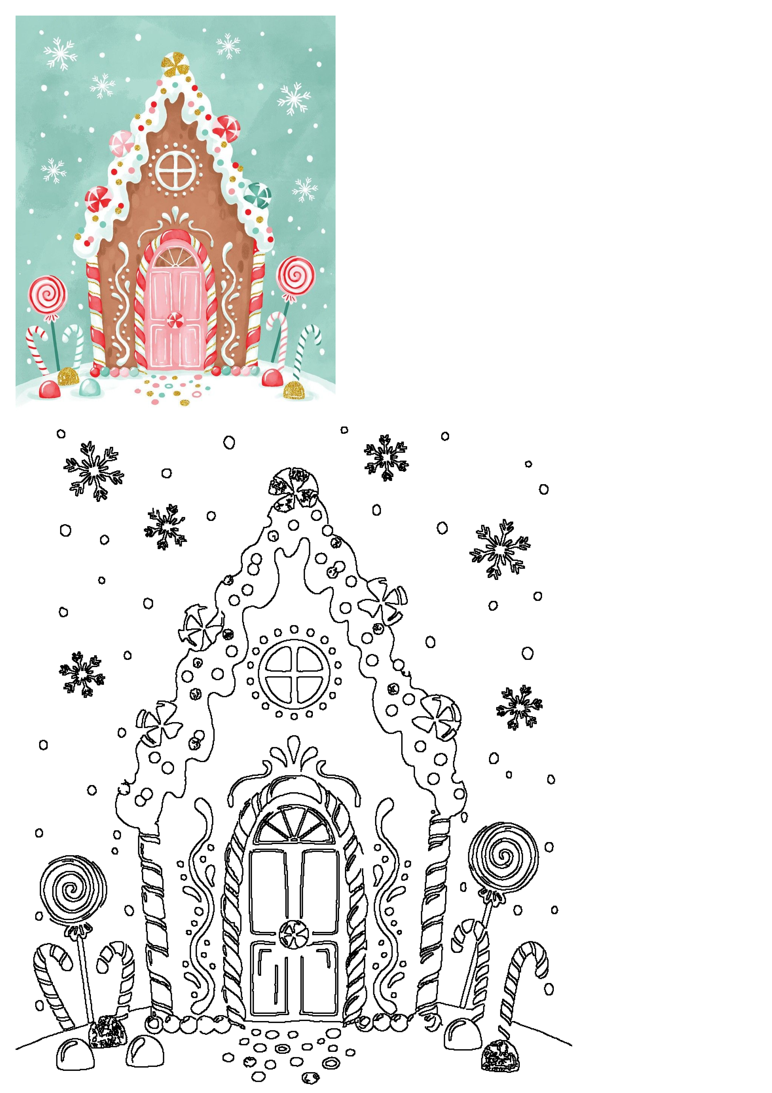 Vibrant Christmas gingerbread house illustration, adorned with colorful candies, icing, pink door, lollipops, candy canes, and snowflakes.