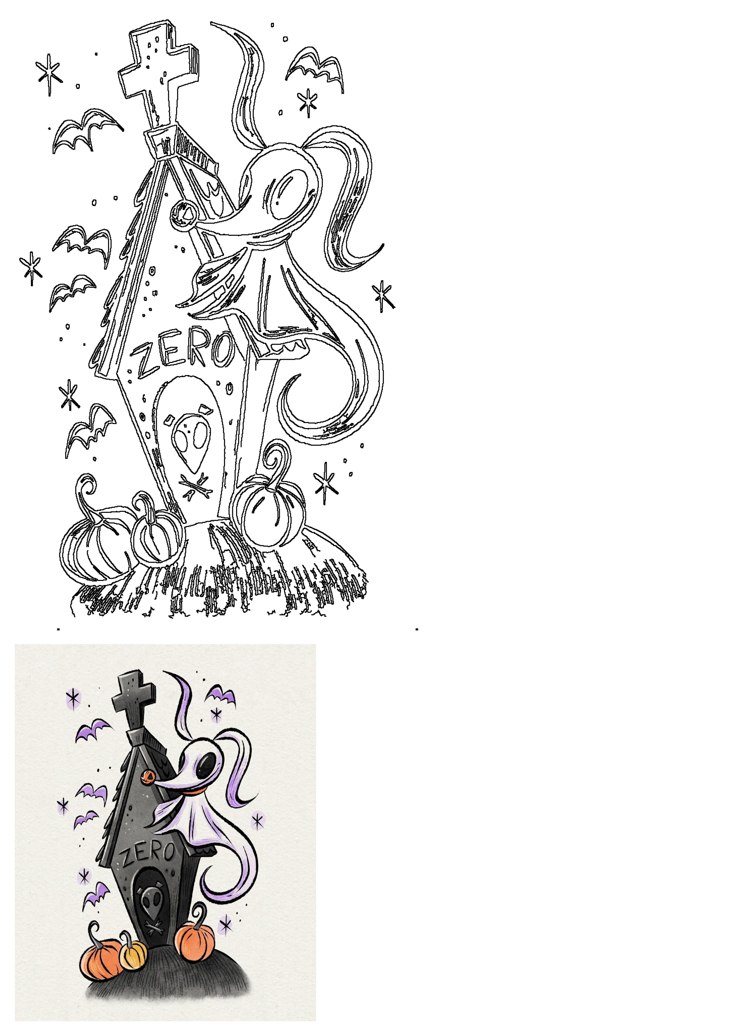 Zero, the ghost dog from Nightmare Before Christmas, floats playfully above a tombstone in a graveyard scene with pumpkins and bats.