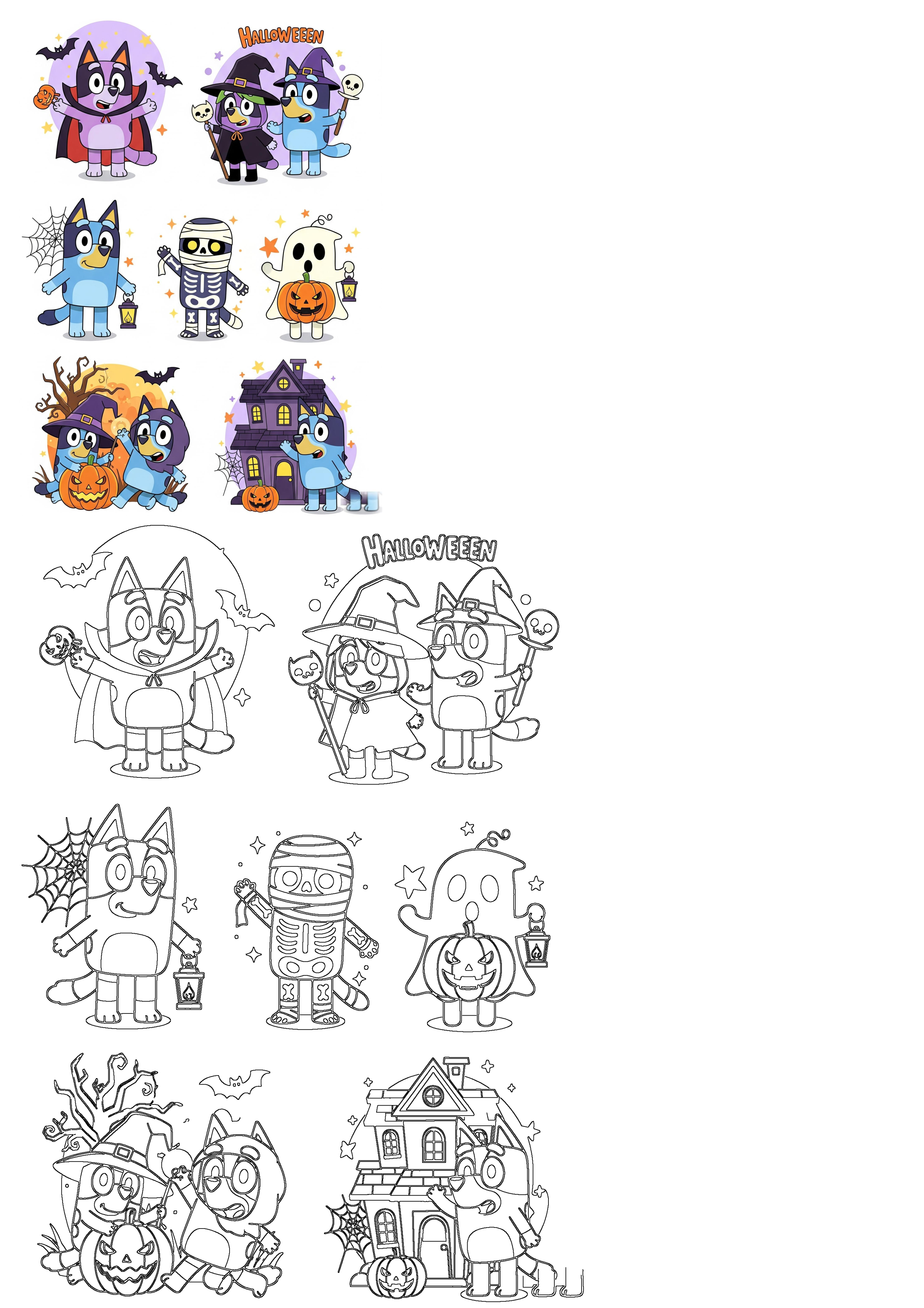 Bluey Halloween characters costumes clipart pack. Features Bluey, Bingo & friends as witches, vampires, mummies, ghosts. Colorful and outline versions.