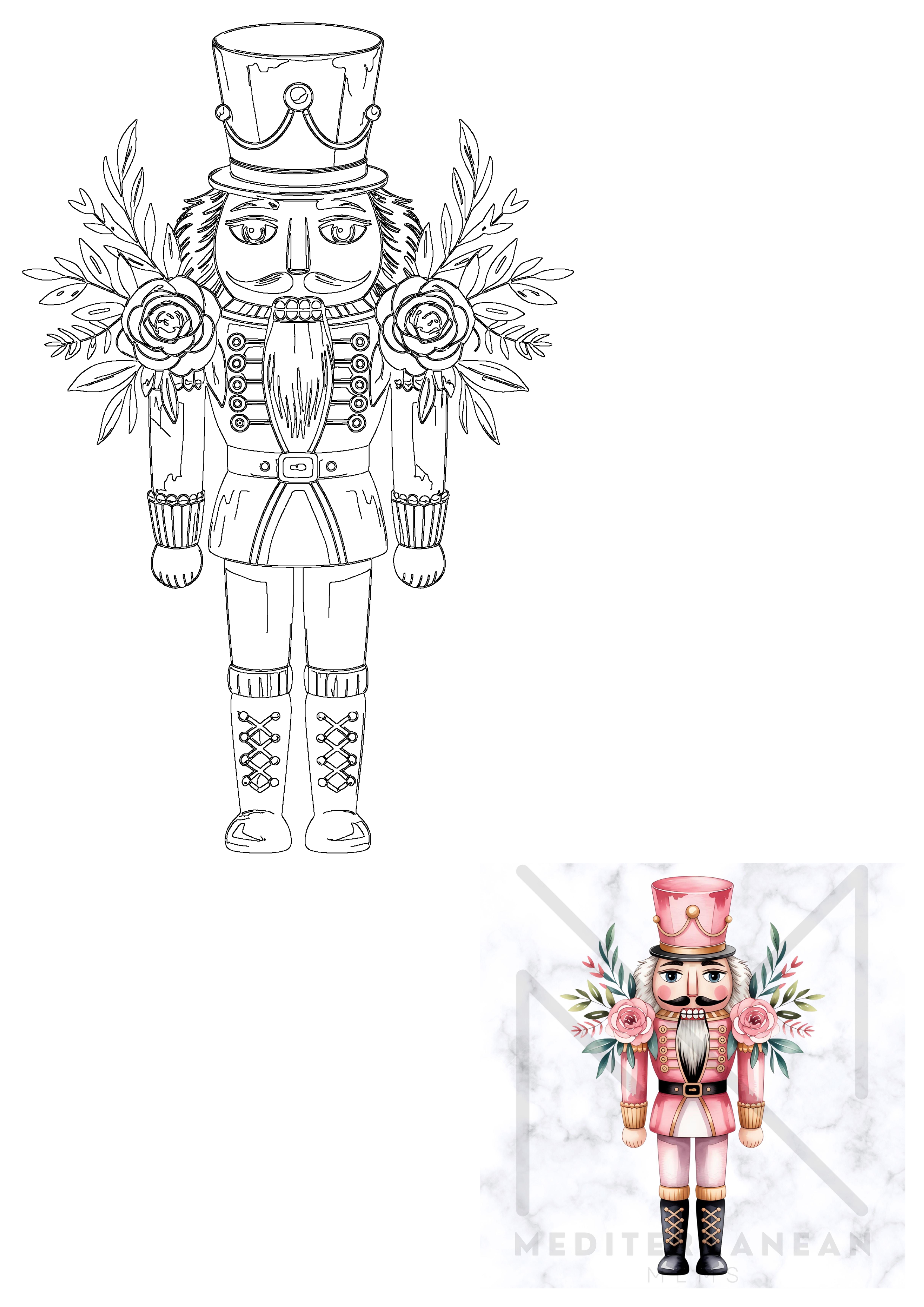 Ornate nutcracker soldier illustration featuring a tall hat and decorative roses with leaves, ideal for festive holiday projects.