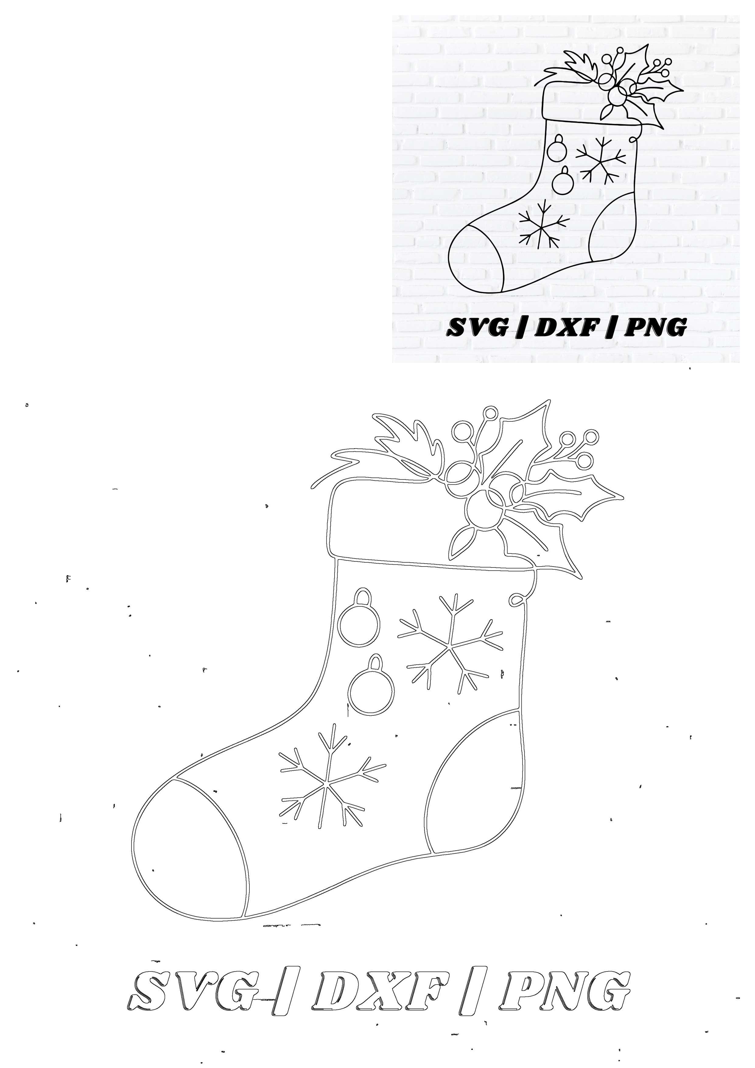 Christmas stocking outline featuring festive holly, berries, snowflakes, and baubles. Perfect as SVG, DXF, PNG cut file.