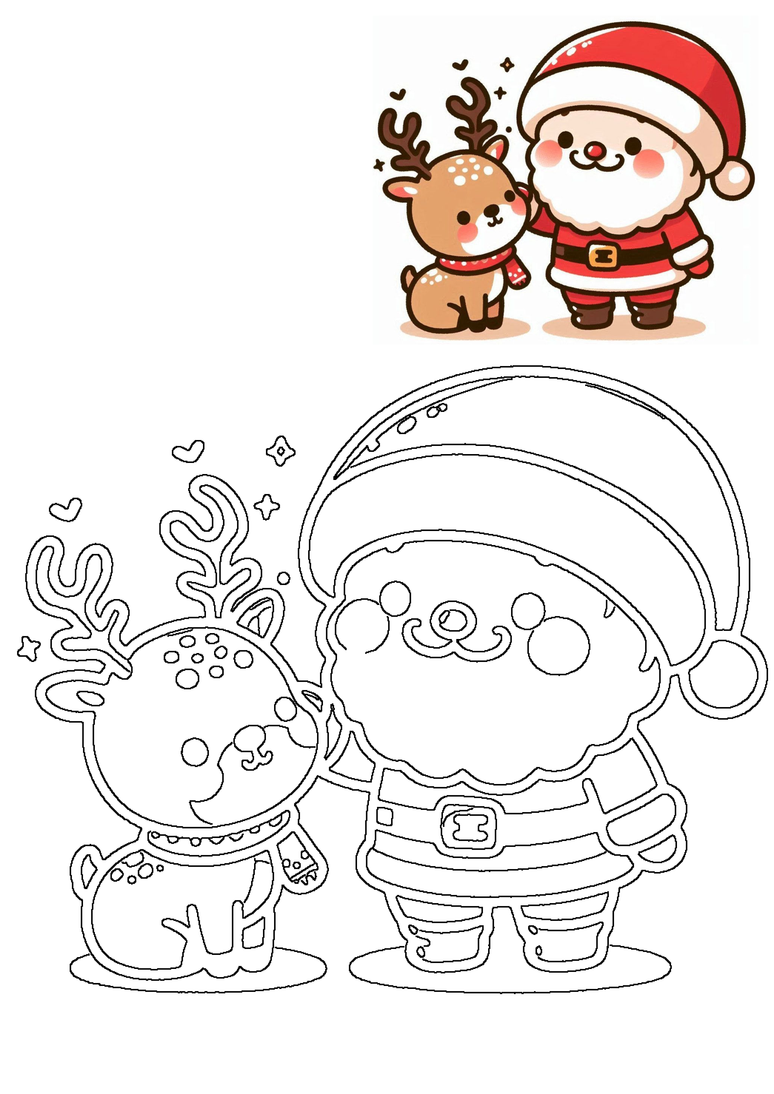 Cute chibi Santa Claus and reindeer in a festive illustration and a black-and-white outline for creative fun.