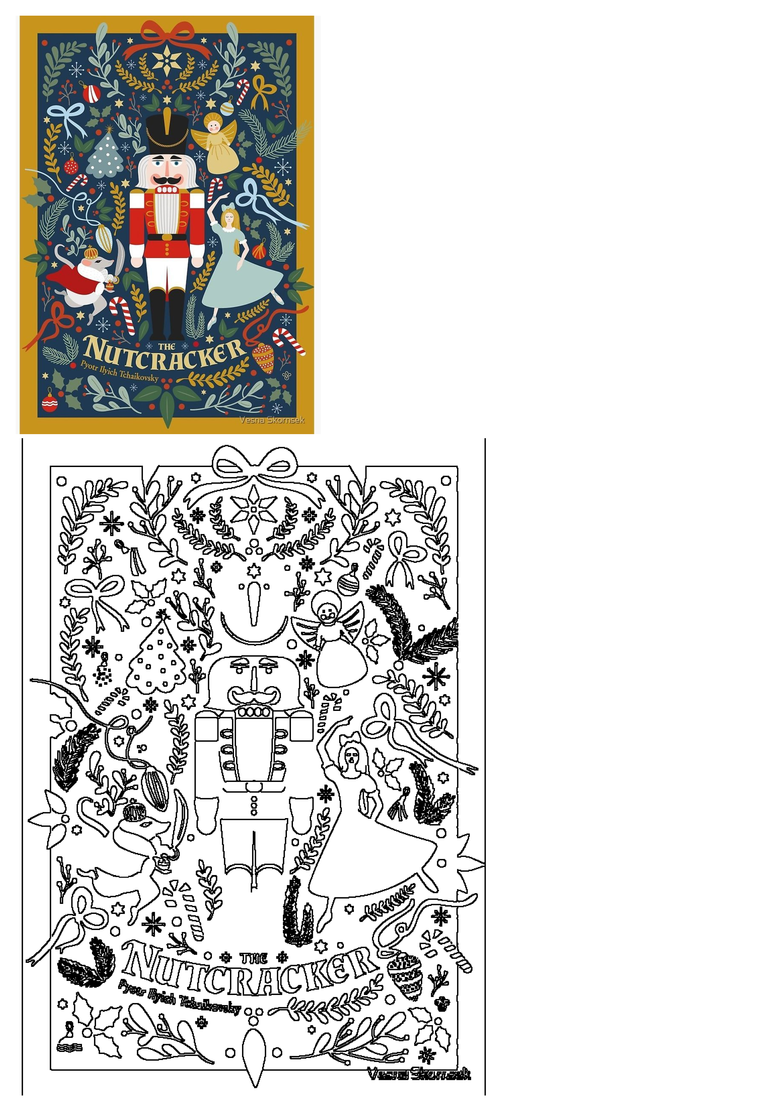 Festive Nutcracker ballet illustration featuring the soldier, ballerina, Mouse King, angel, and Christmas ornaments. Includes line art version.