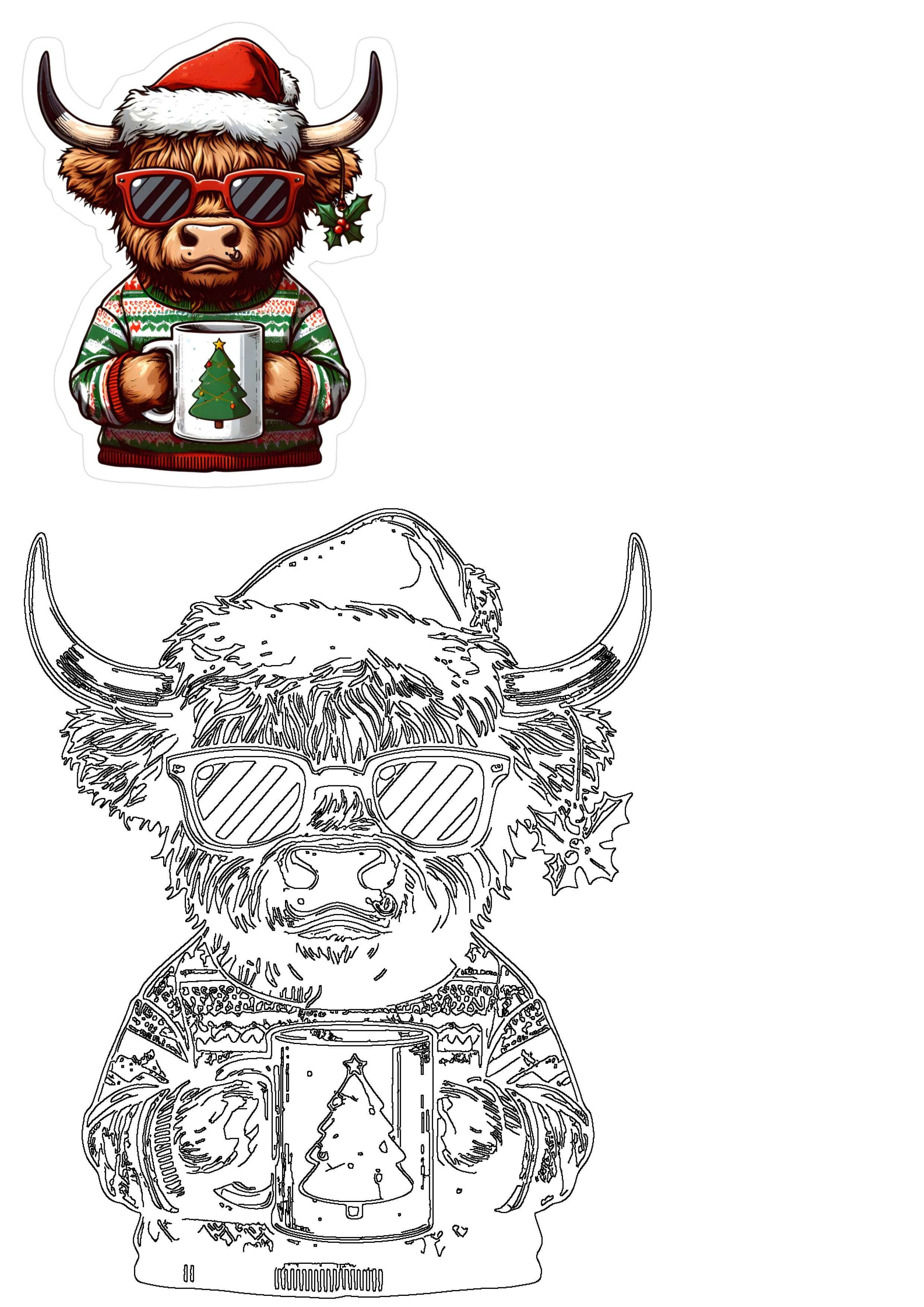 Festive Highland cow wearing a Santa hat, red sunglasses, and an ugly Christmas sweater, holding a mug with a Christmas tree design.