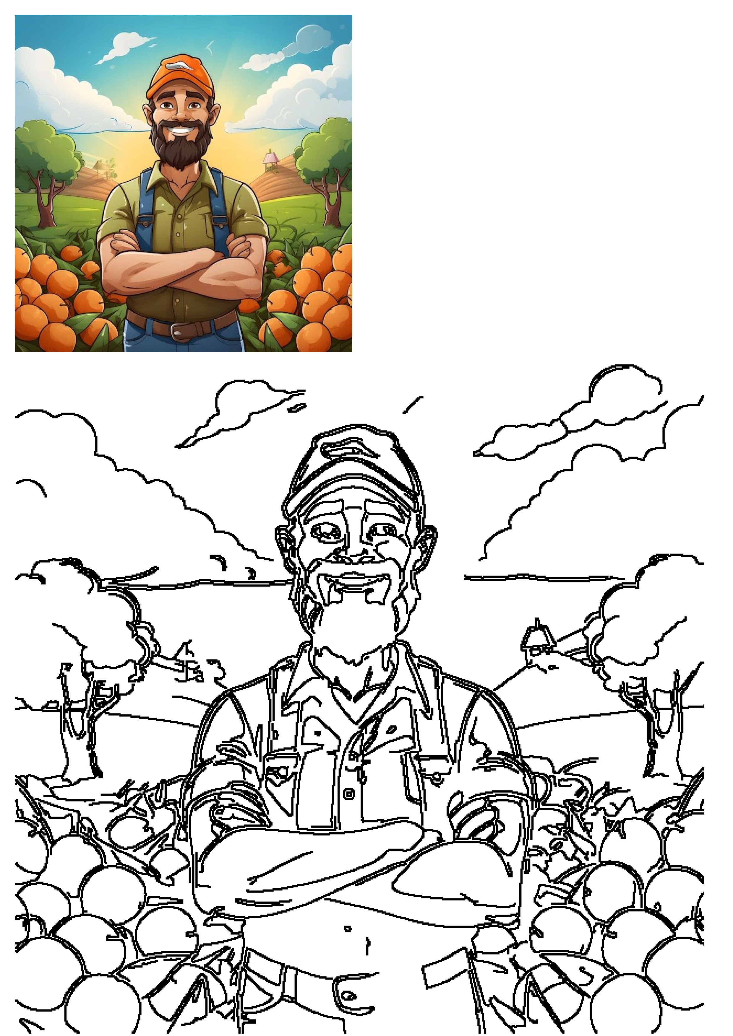A smiling farmer stands in a vibrant orange grove under a bright sky, featuring both a colorful illustration and a clean outline art.