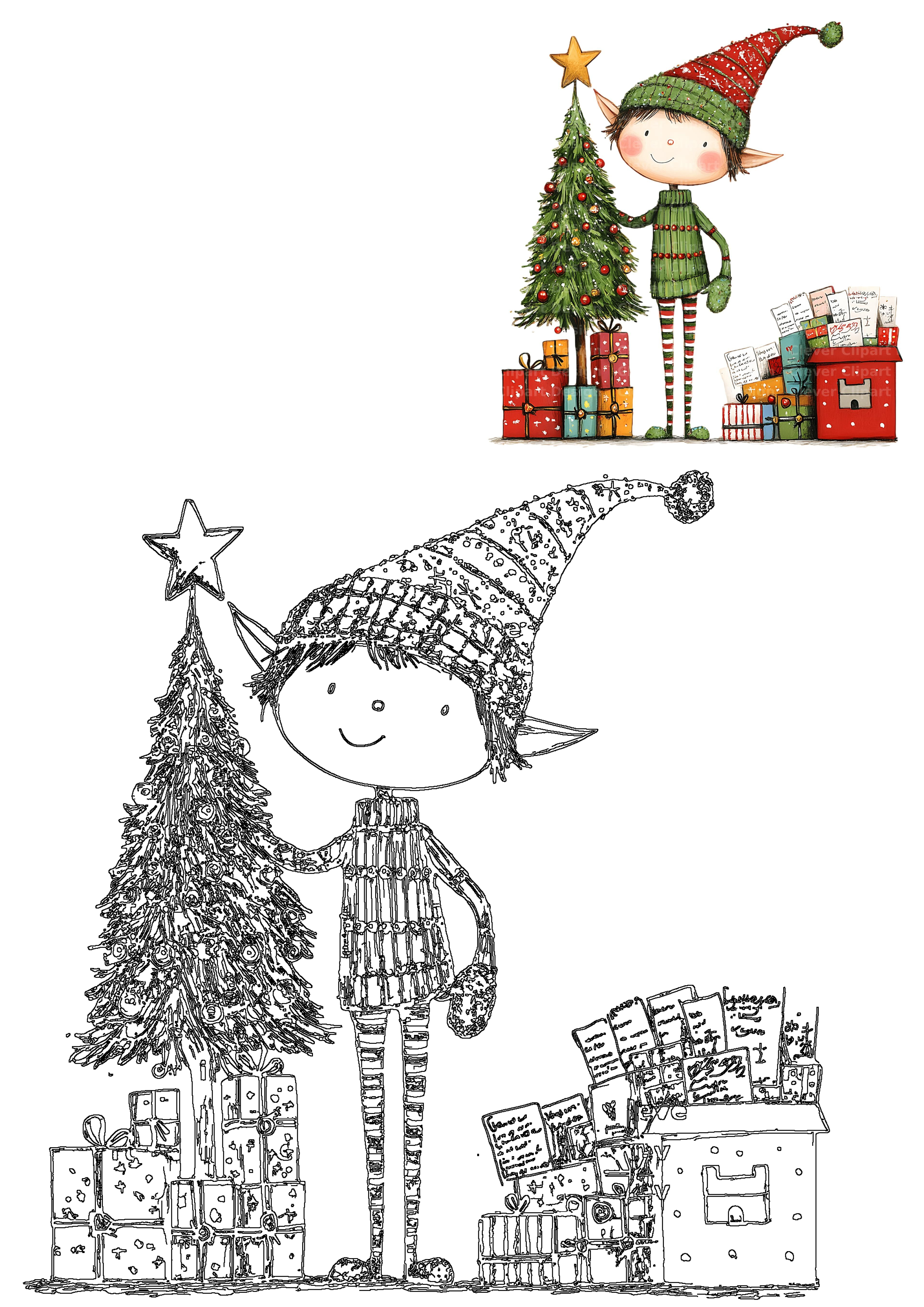 A festive Christmas elf decorates a tree with a star, surrounded by wrapped presents and a mailbox full of letters.