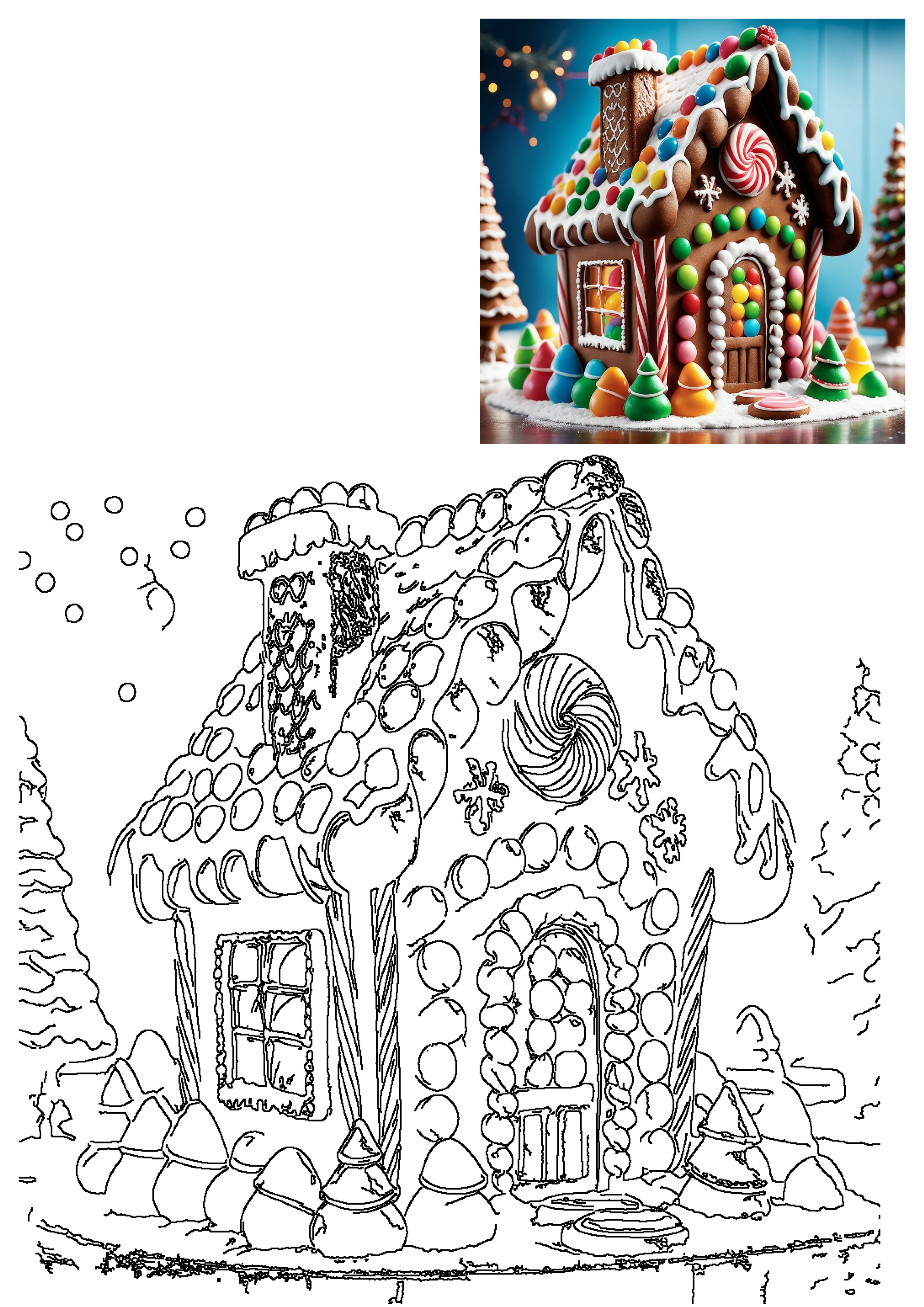 A vibrant Christmas gingerbread house adorned with colorful candies and white icing, paired with a detailed outline drawing ready for coloring.