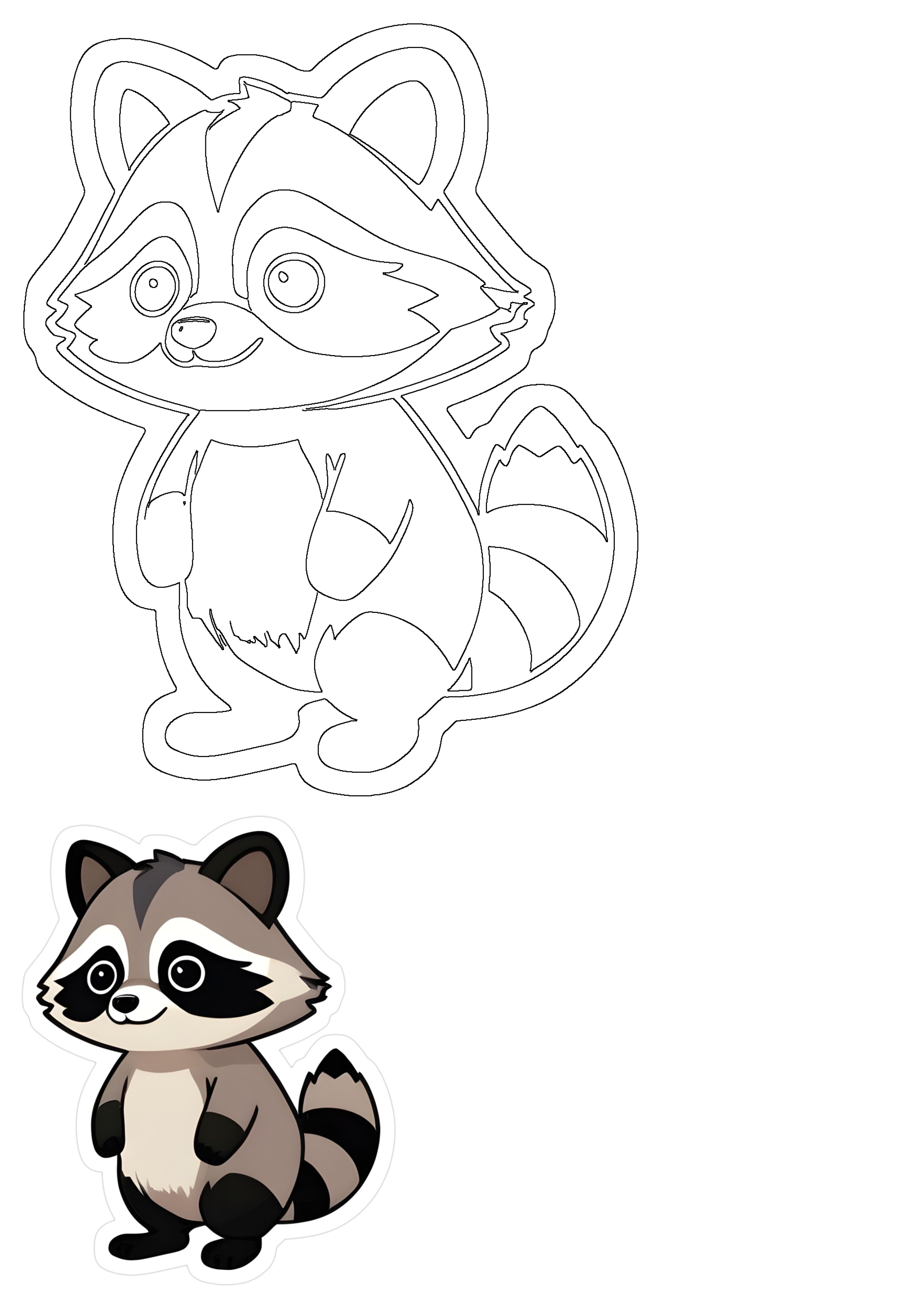 Cute cartoon raccoon sticker featuring black and gray stripes, a smiling face, and a striped tail, presented with its outline drawing.