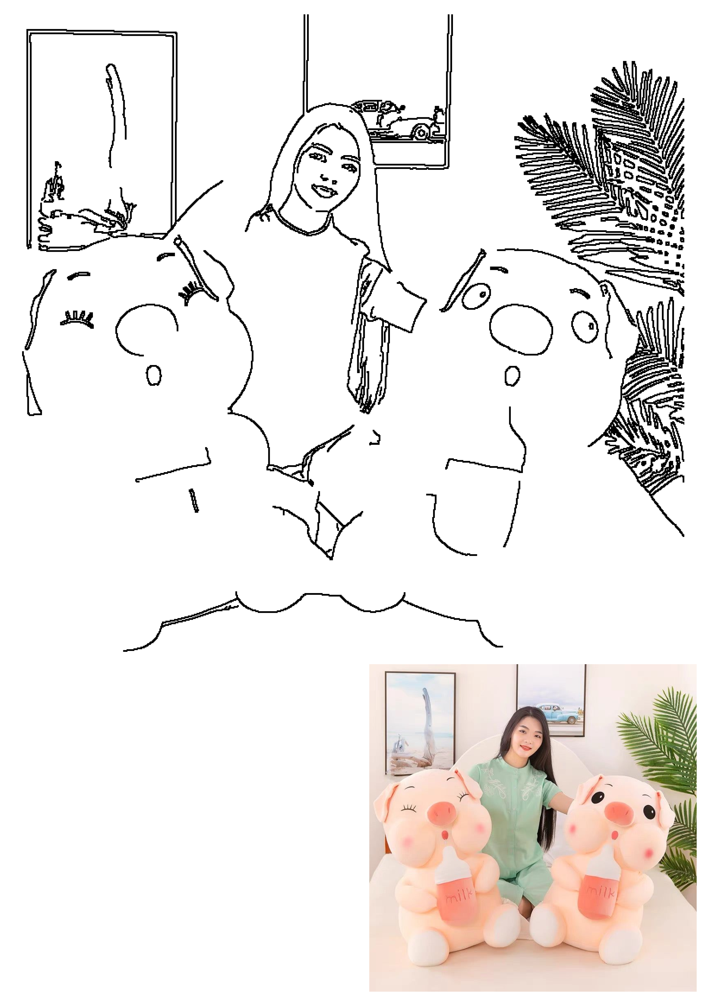 Smiling woman with two cute chubby pink 35cm piggy plush dolls, each holding a milk bottle, perfect soft cushions.