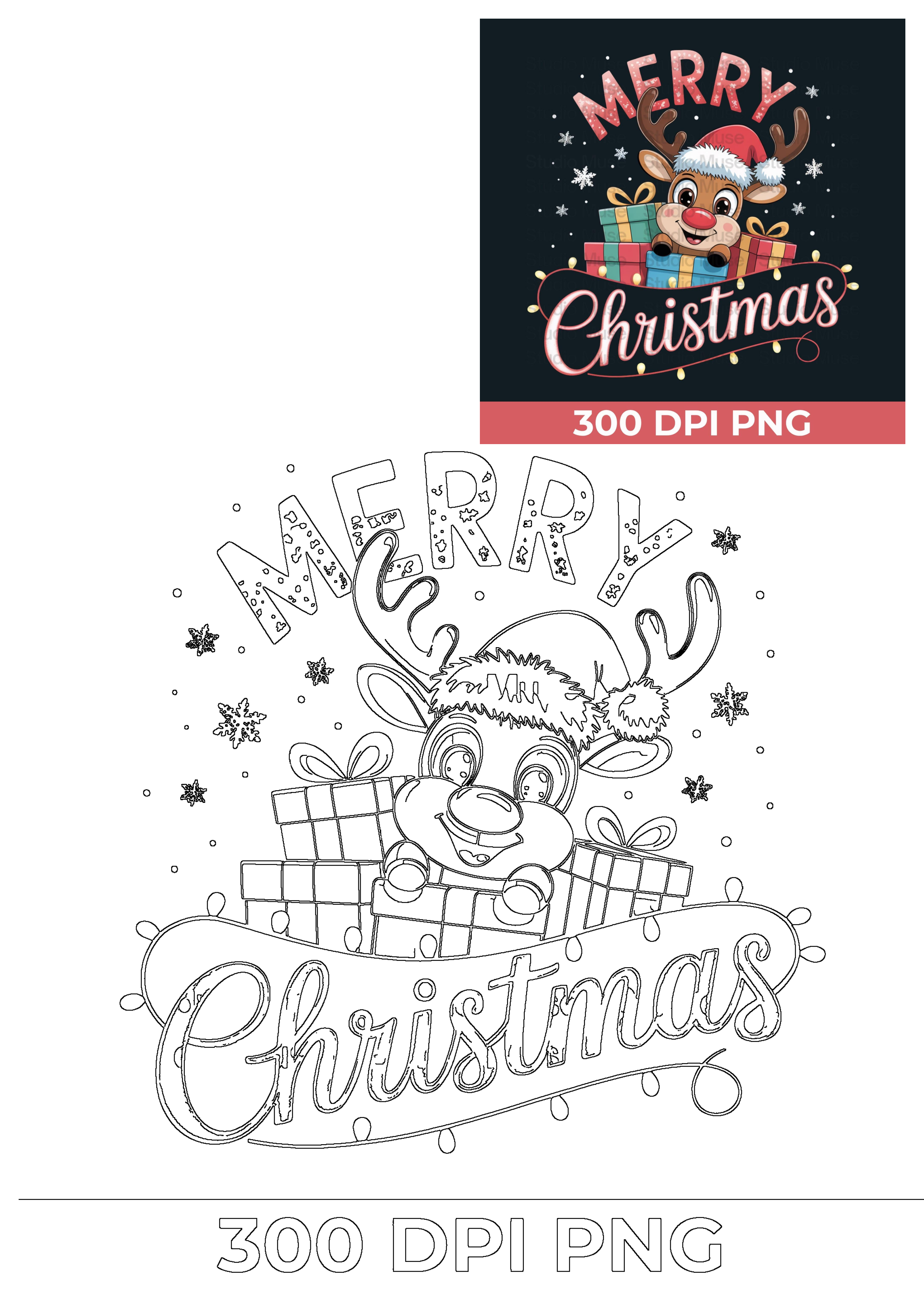 Cute reindeer holiday graphic with Rudolph, Santa hat, Christmas presents, and snowflakes, wishing 'Merry Christmas'.