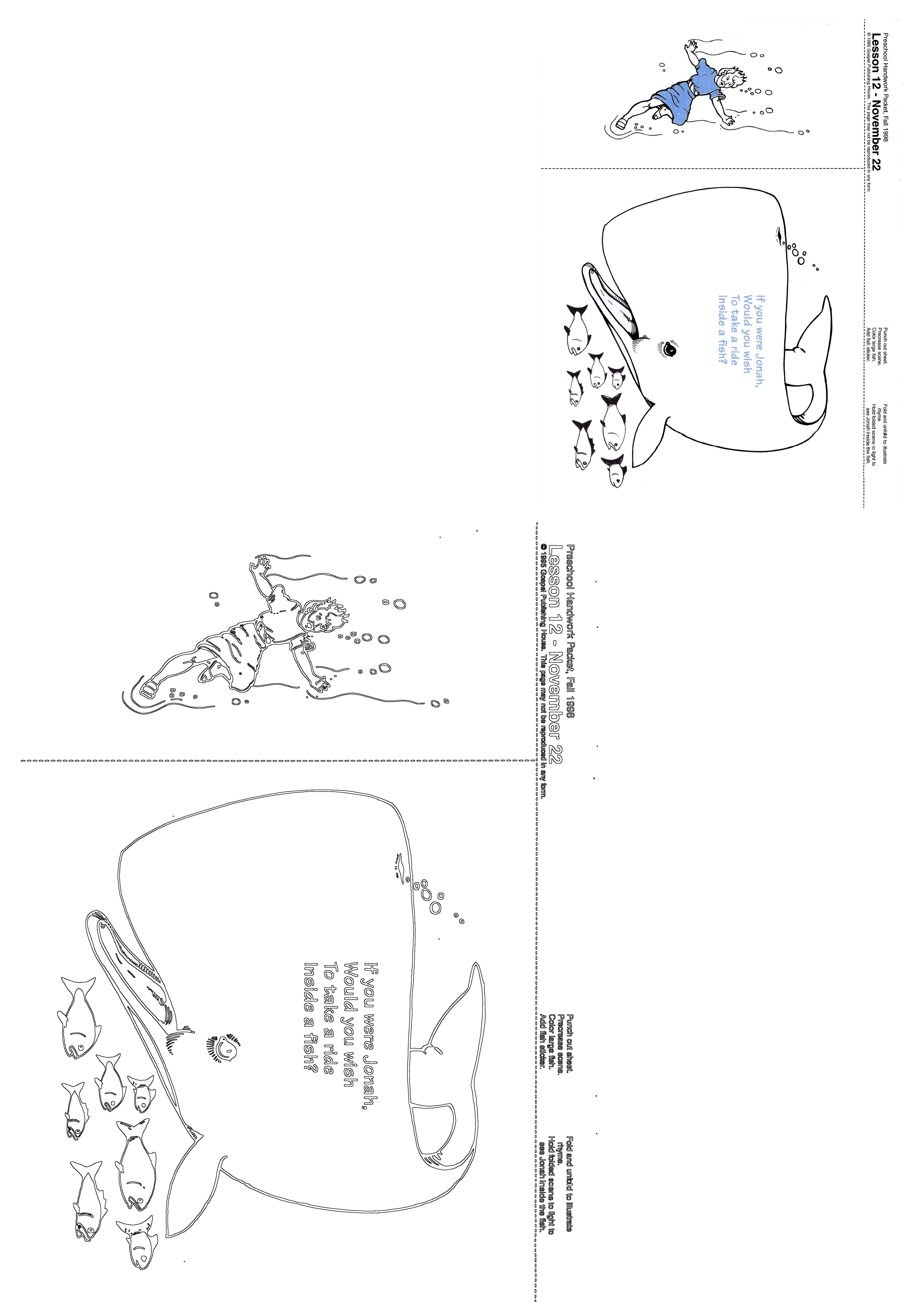 Preschool Jonah and the Whale Bible story activity sheet depicting Jonah in water and inside a large fish, designed for cut-out and folding.
