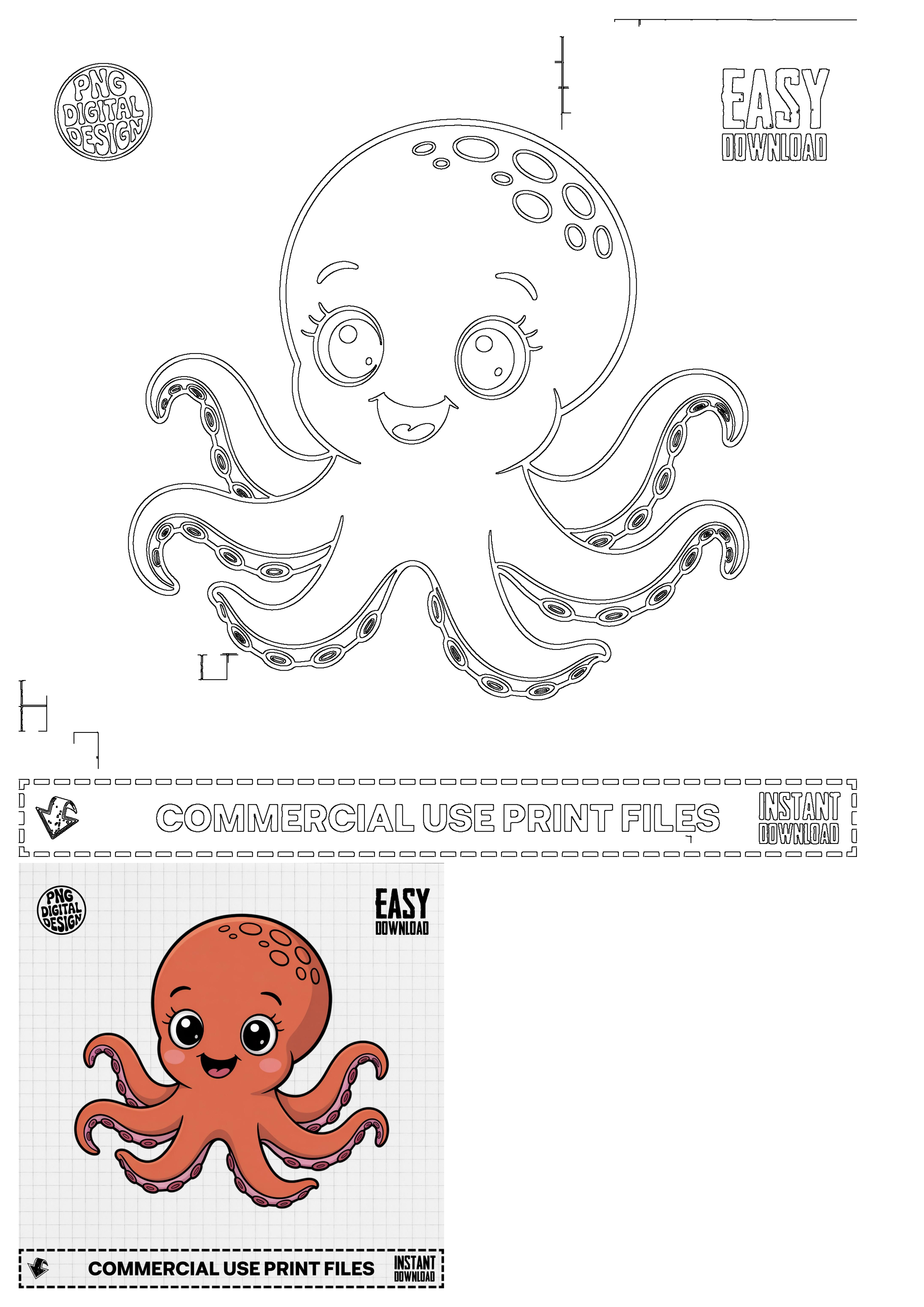 Cute baby kraken clipart, showcasing a line art outline and a vibrant colored design. Perfect for nursery themes and baby shower projects.