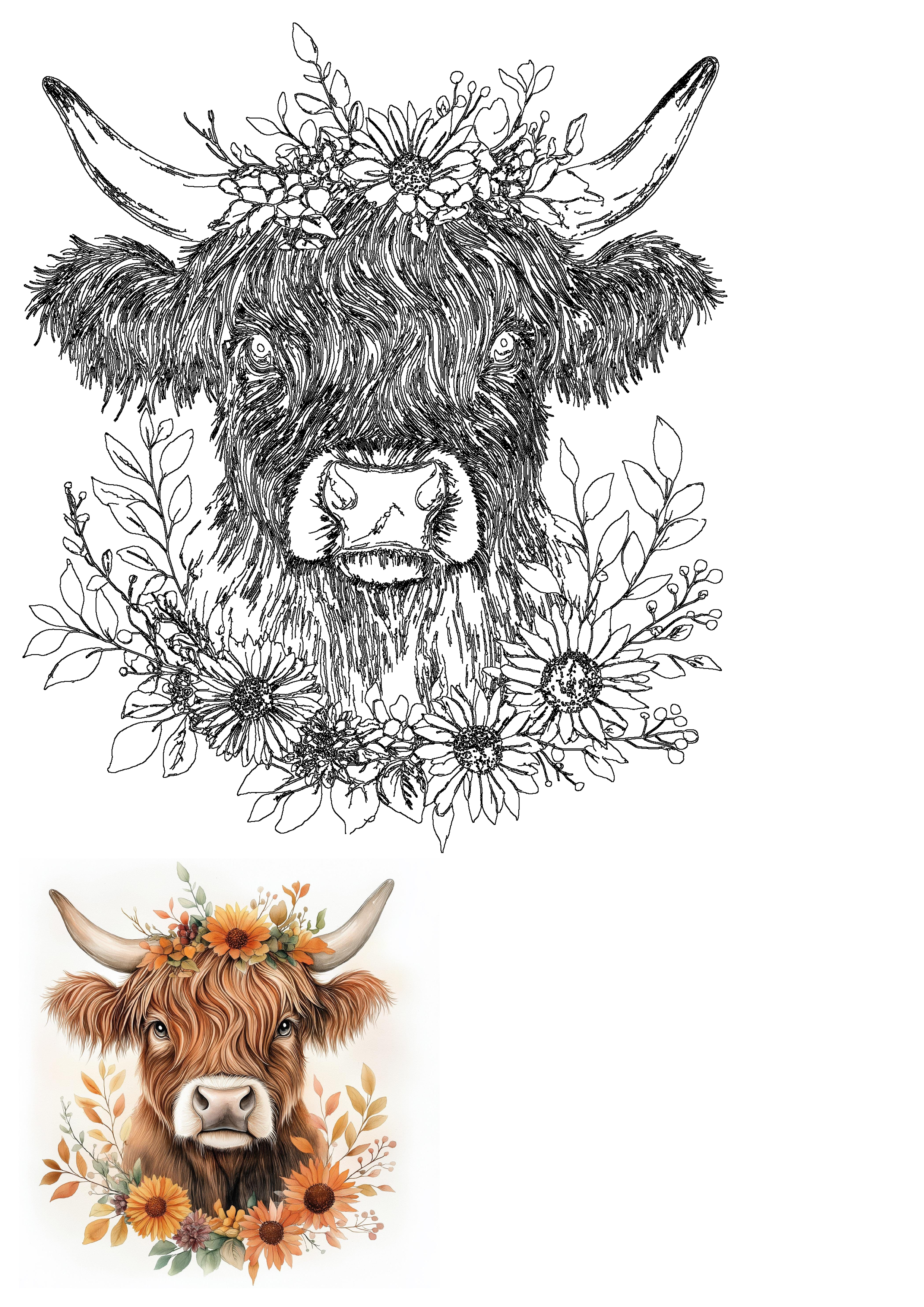 Highland Cow Fall Floral Watercolor Clipart: a majestic cow with autumn flowers and foliage, presented with a crisp line art version.