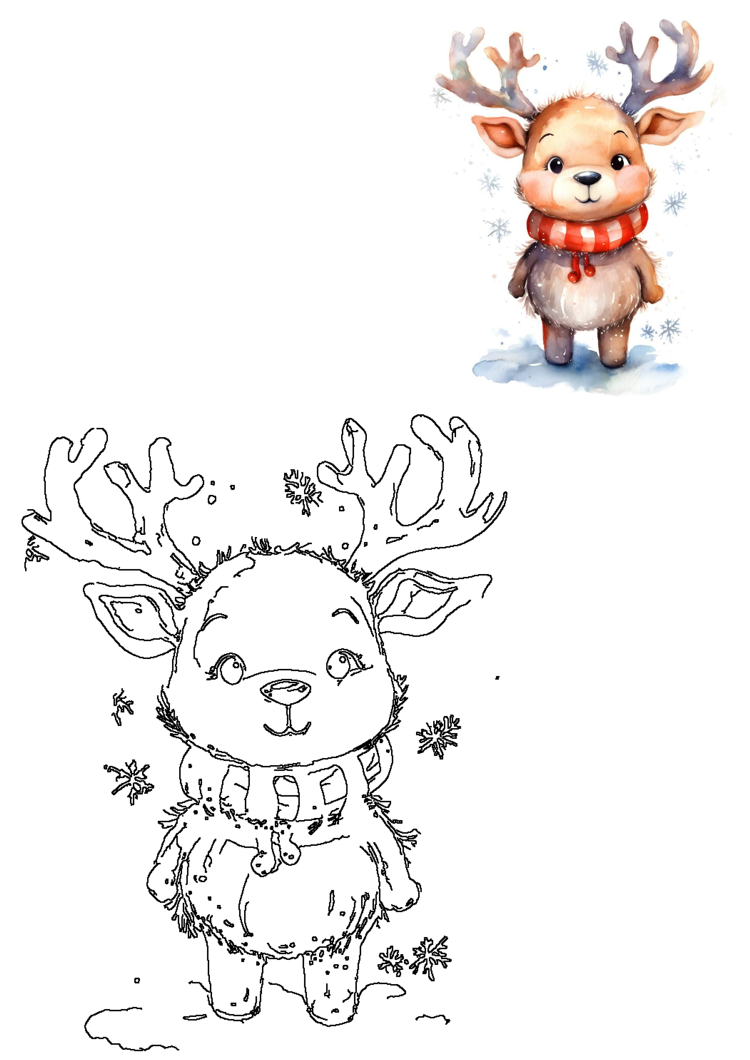A cute watercolor reindeer fawn in a red scarf with snowflakes, alongside its black and white outline for a fun winter activity.