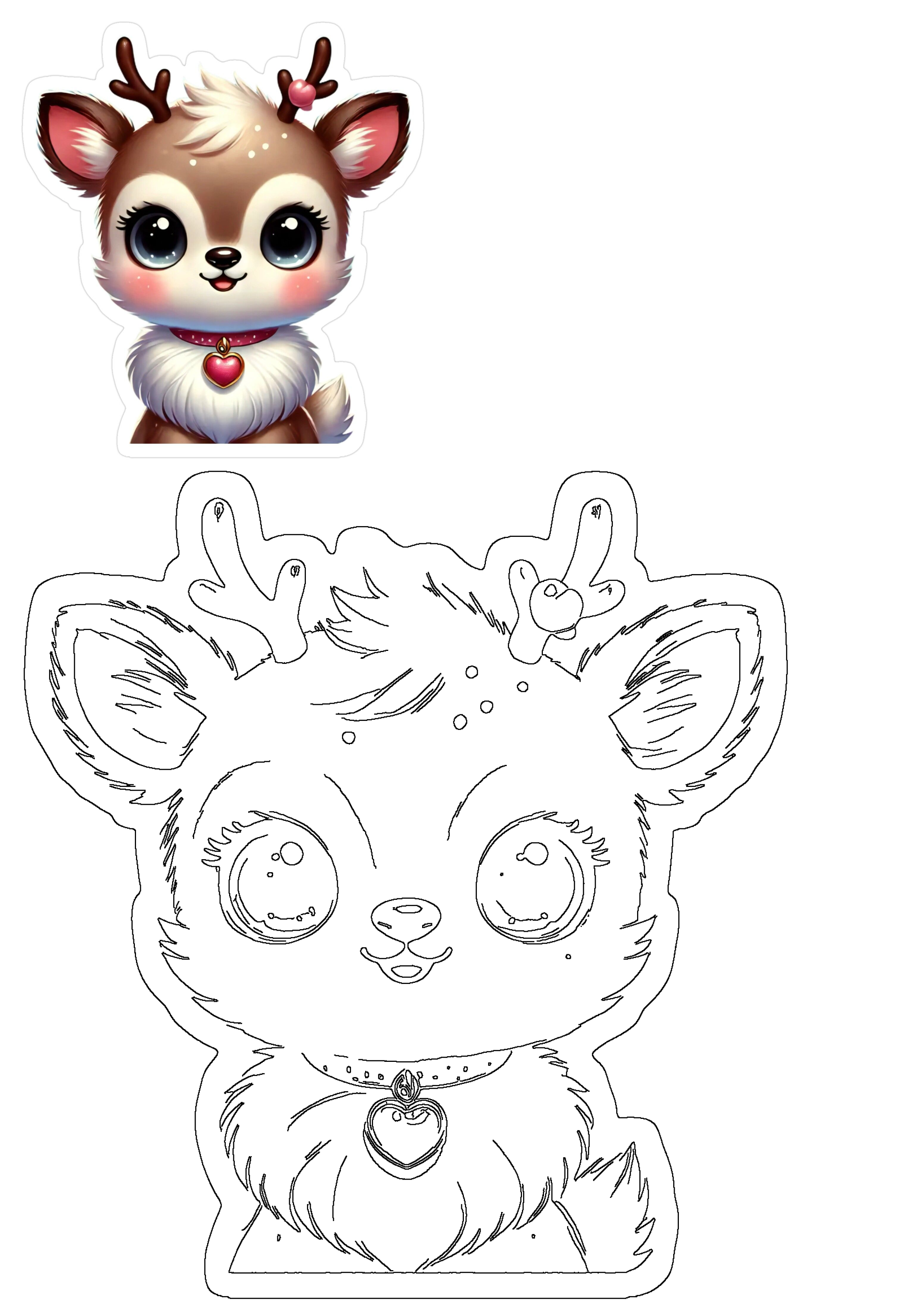 A cute cartoon reindeer with big eyes, rosy cheeks, antlers, and a heart collar, presented with its black and white outline.