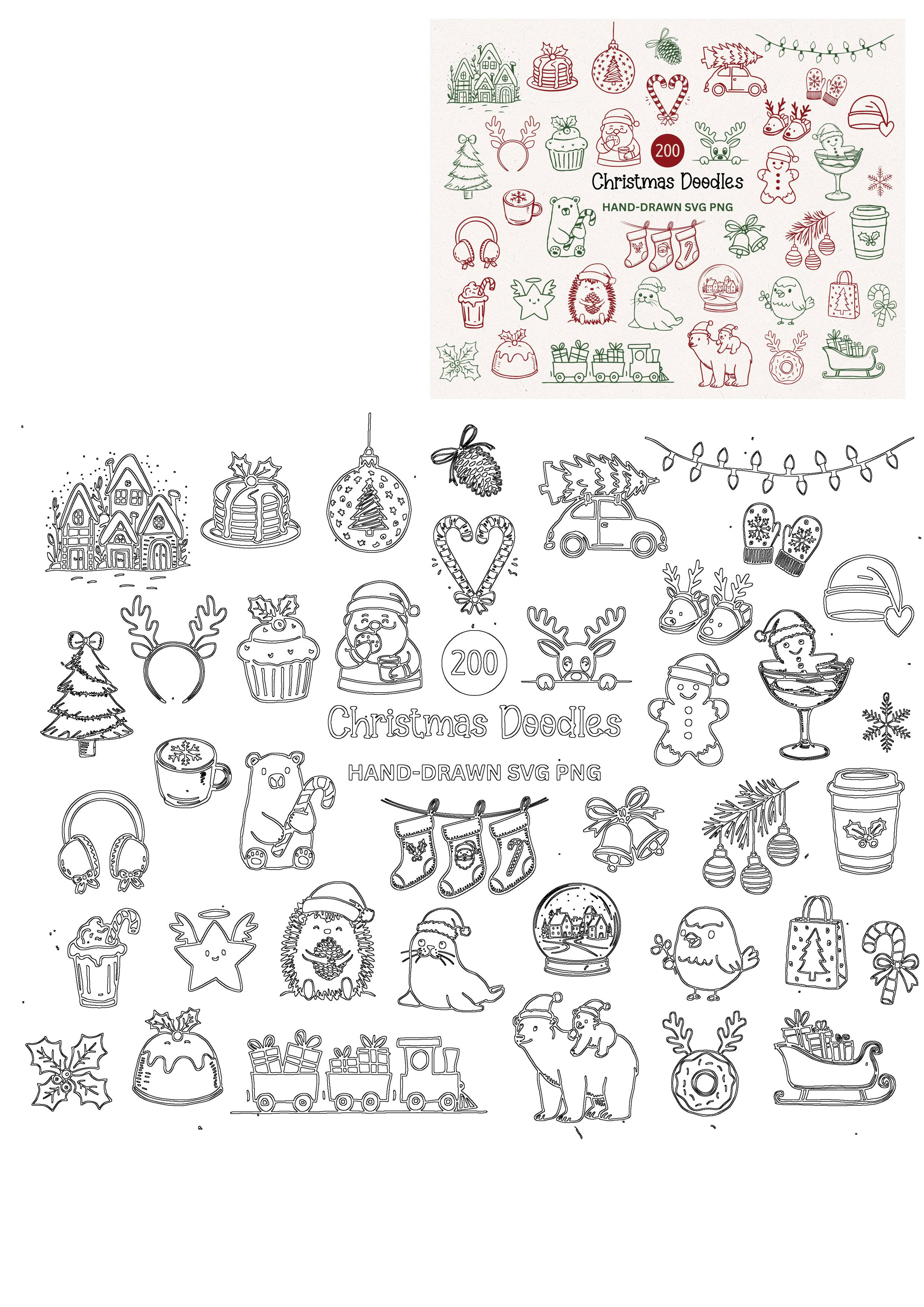 200 hand-drawn Christmas doodle icons SVG/PNG set: Santa, trees, reindeer, gingerbread, snow globe, gifts, festive animals, and holiday symbols.