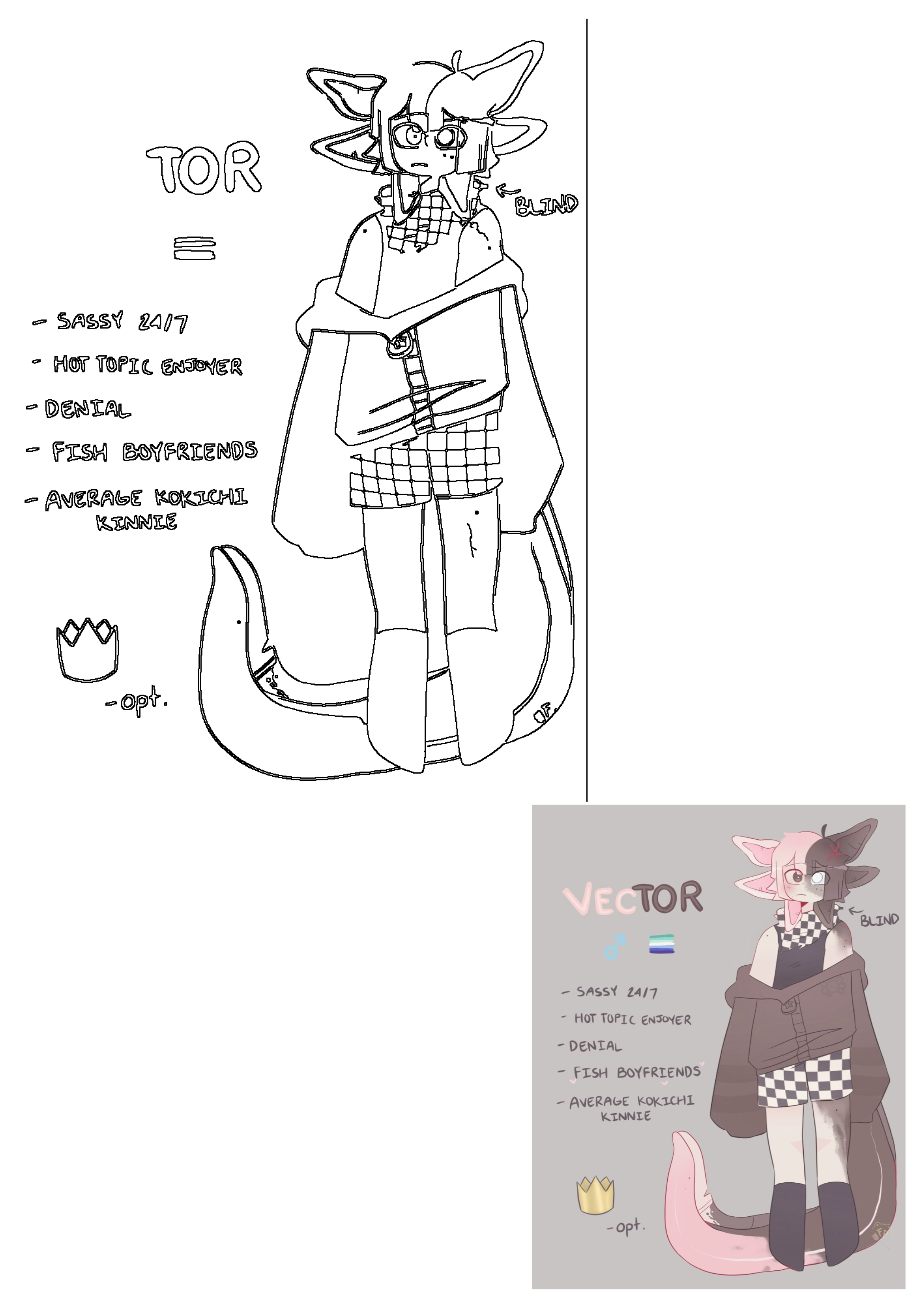 Vector, a cute anthro furry character ref sheet by Froggyspasta. Features split hair, checkered outfit, unique tail, and personality traits.