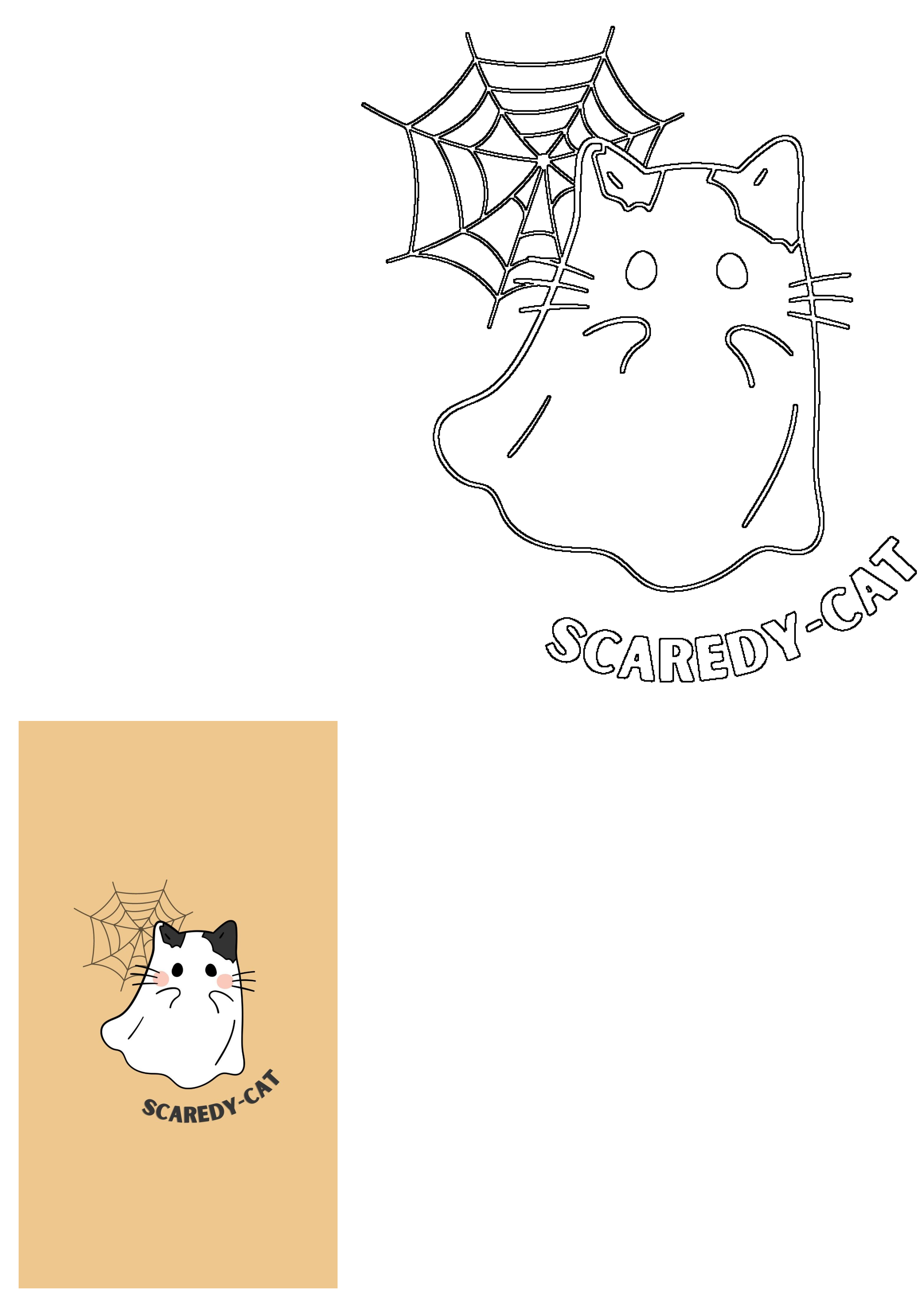 Cute scaredy cat ghost Halloween illustration with a spiderweb design. Features a feline in a sheet ghost costume and 'SCAREDY-CAT' text.