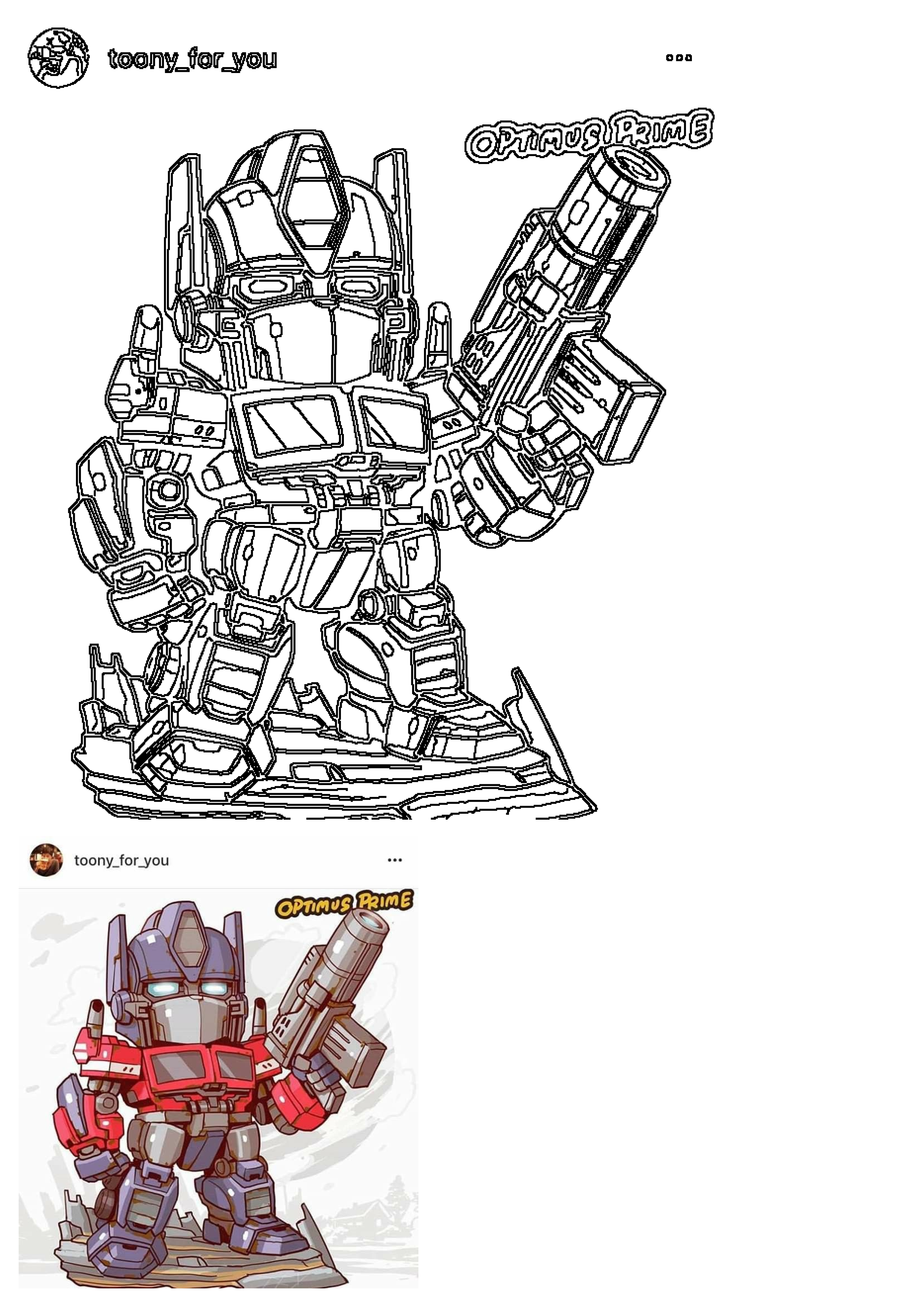 Two versions of Optimus Prime Transformers art: a black outline drawing and a vibrant colored chibi illustration of the Autobot leader.