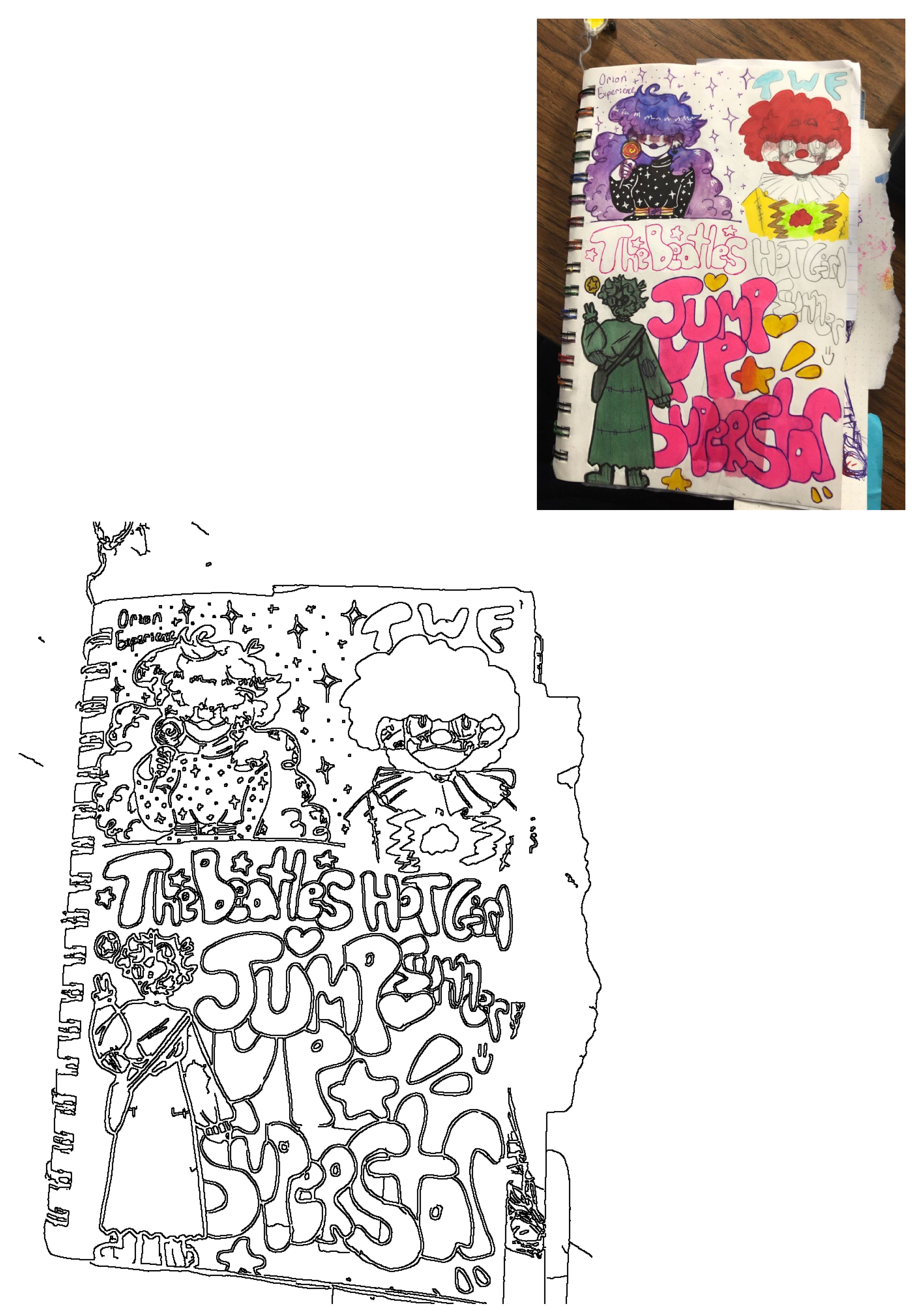 Vibrant art journal page featuring hand-drawn cartoon characters, a crying clown, a Lady Liberty figure, and bold text like 'Superstar'.