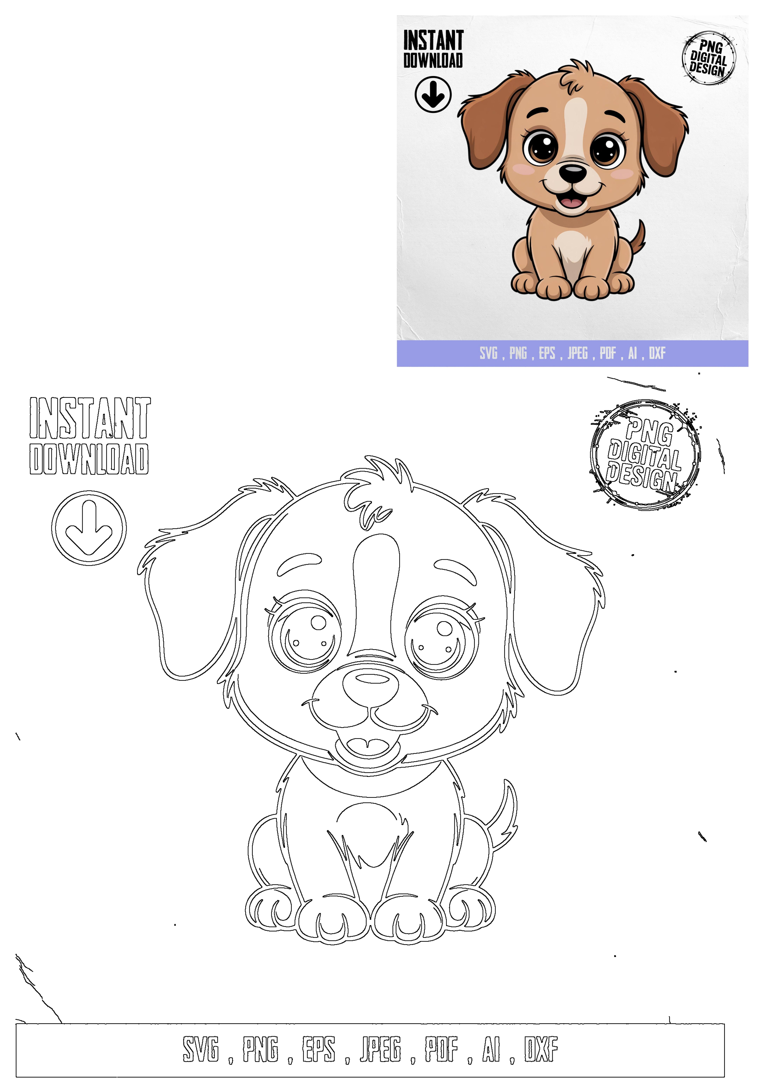 Cute cartoon puppy dog digital design for products, including a happy, brown and cream puppy illustration and its outline.