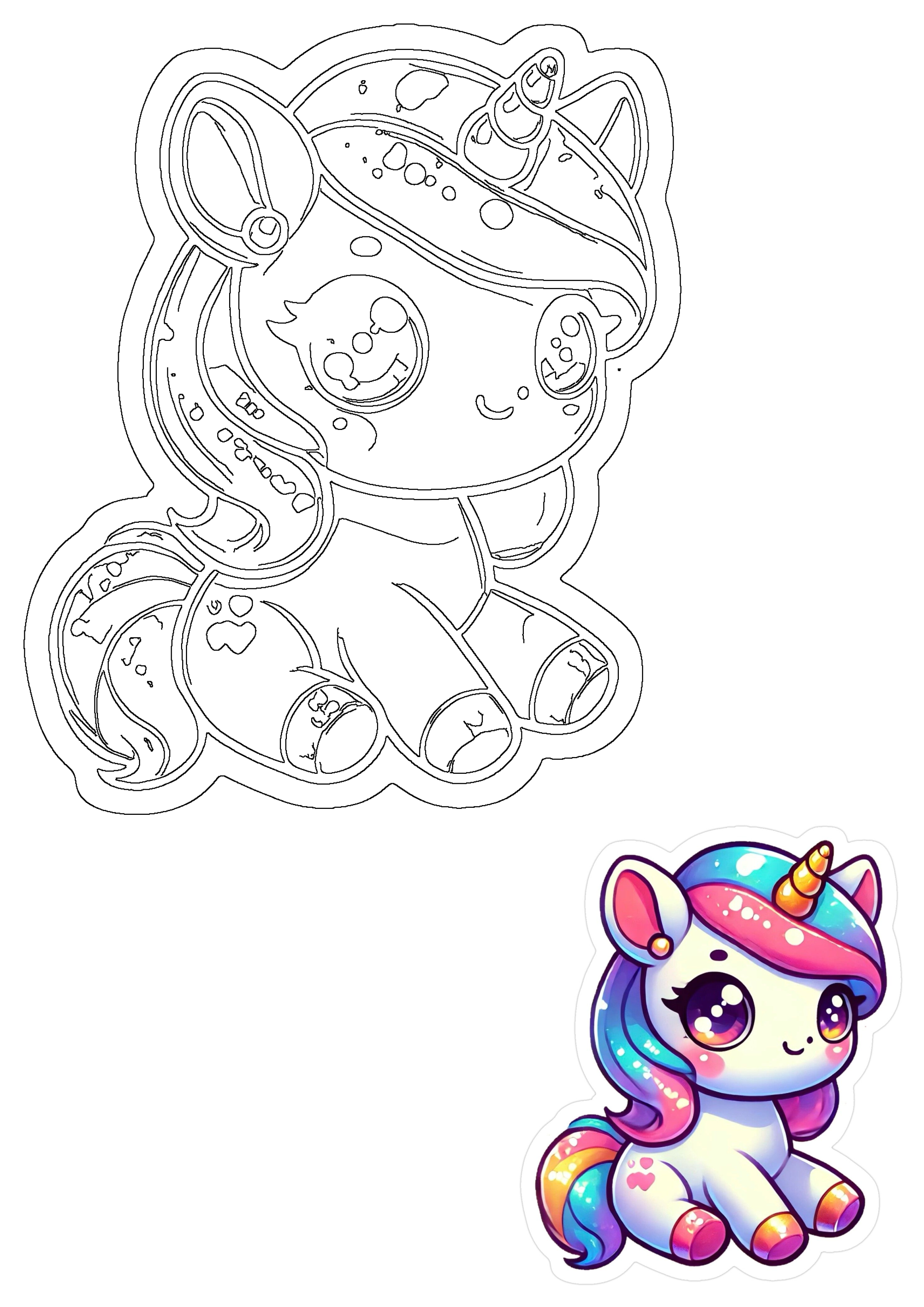 Adorable sitting kawaii baby unicorn illustration with a black line art version and a vibrant rainbow-colored sticker design.
