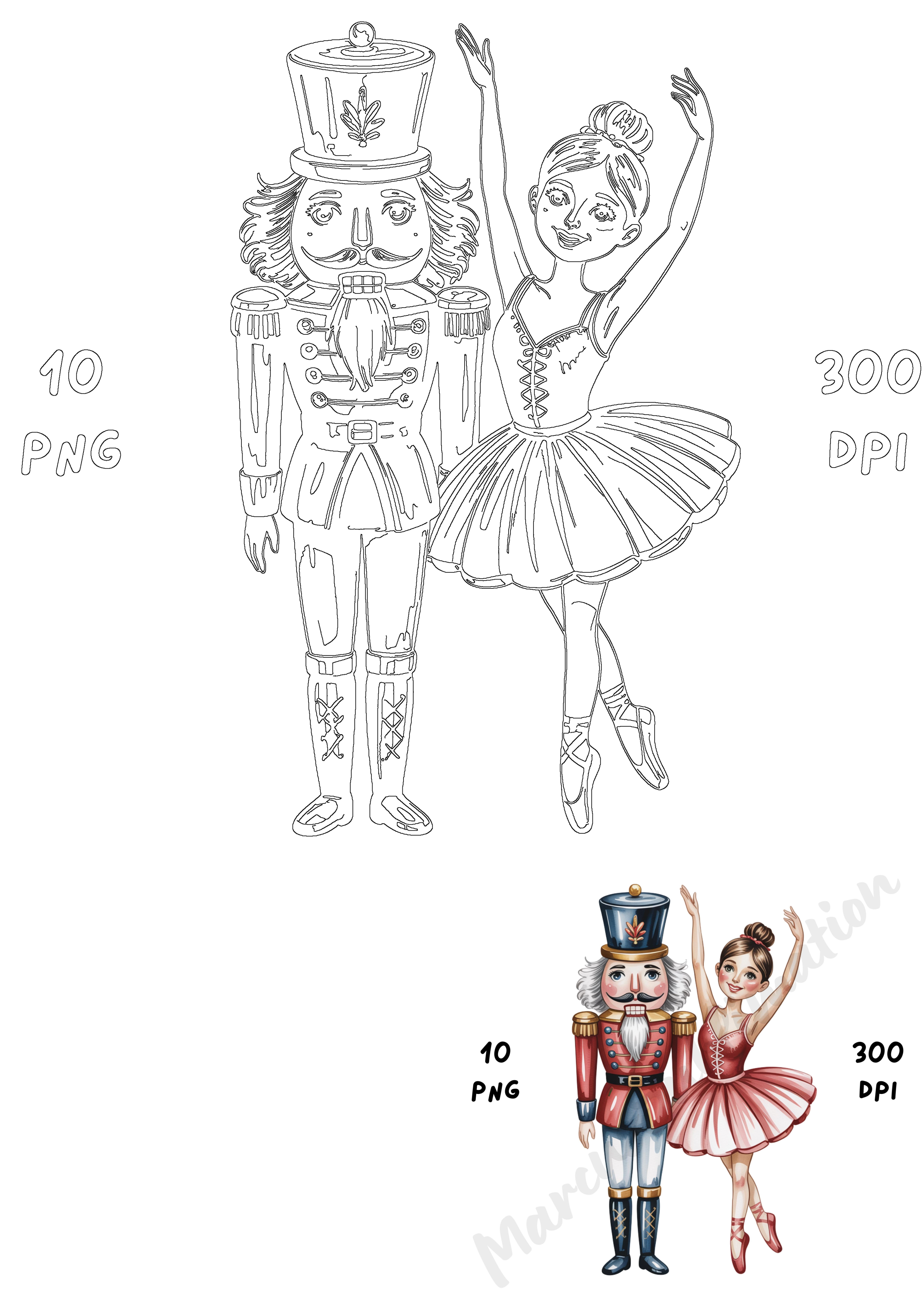 Elegant Nutcracker soldier and ballerina illustration, featuring both black outline and vibrant colored versions, perfect for festive ballet designs.