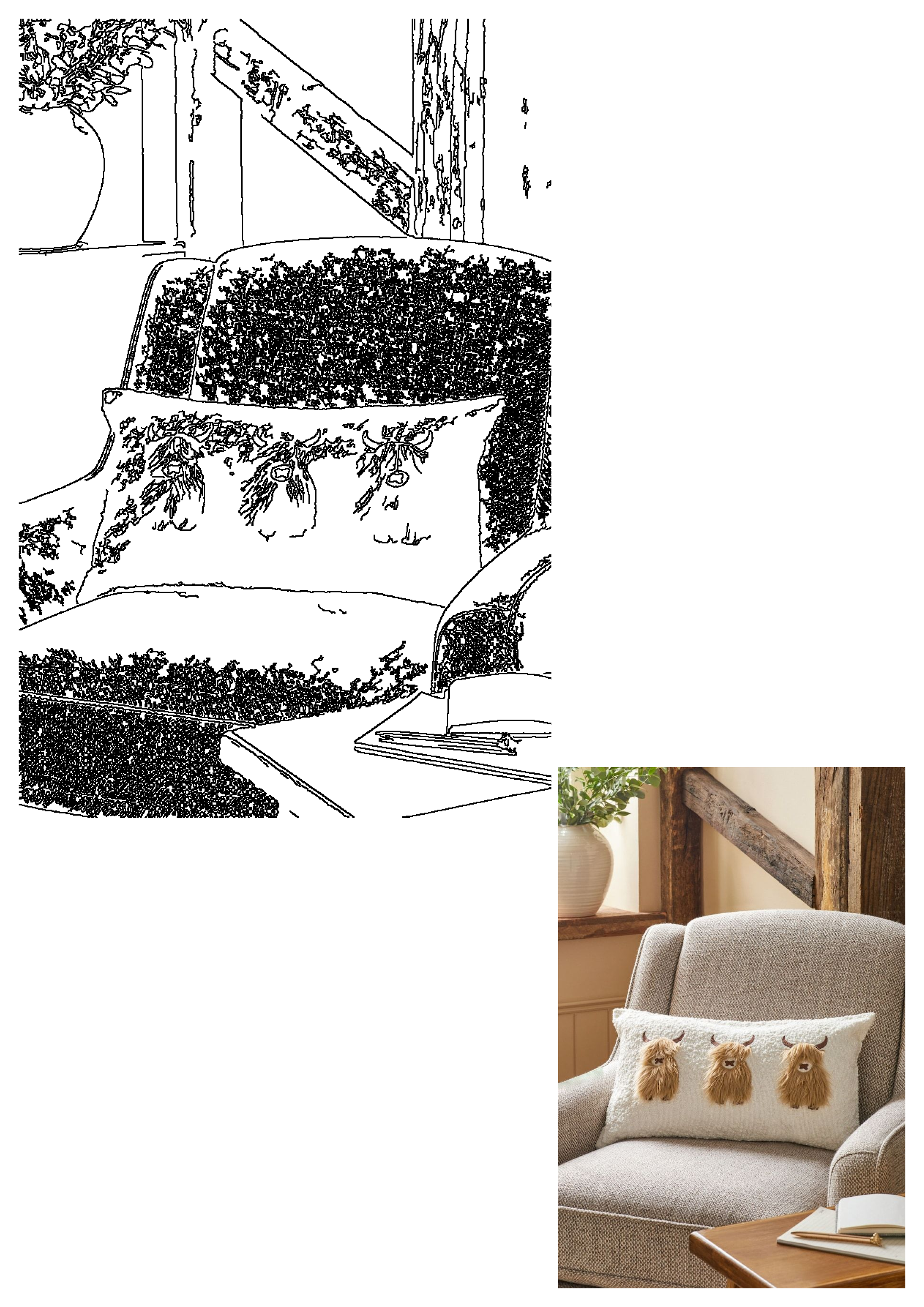 A cozy gray armchair features a white pillow with three fluffy Highland cow faces, next to a wooden side table with a notebook. Rustic home decor.