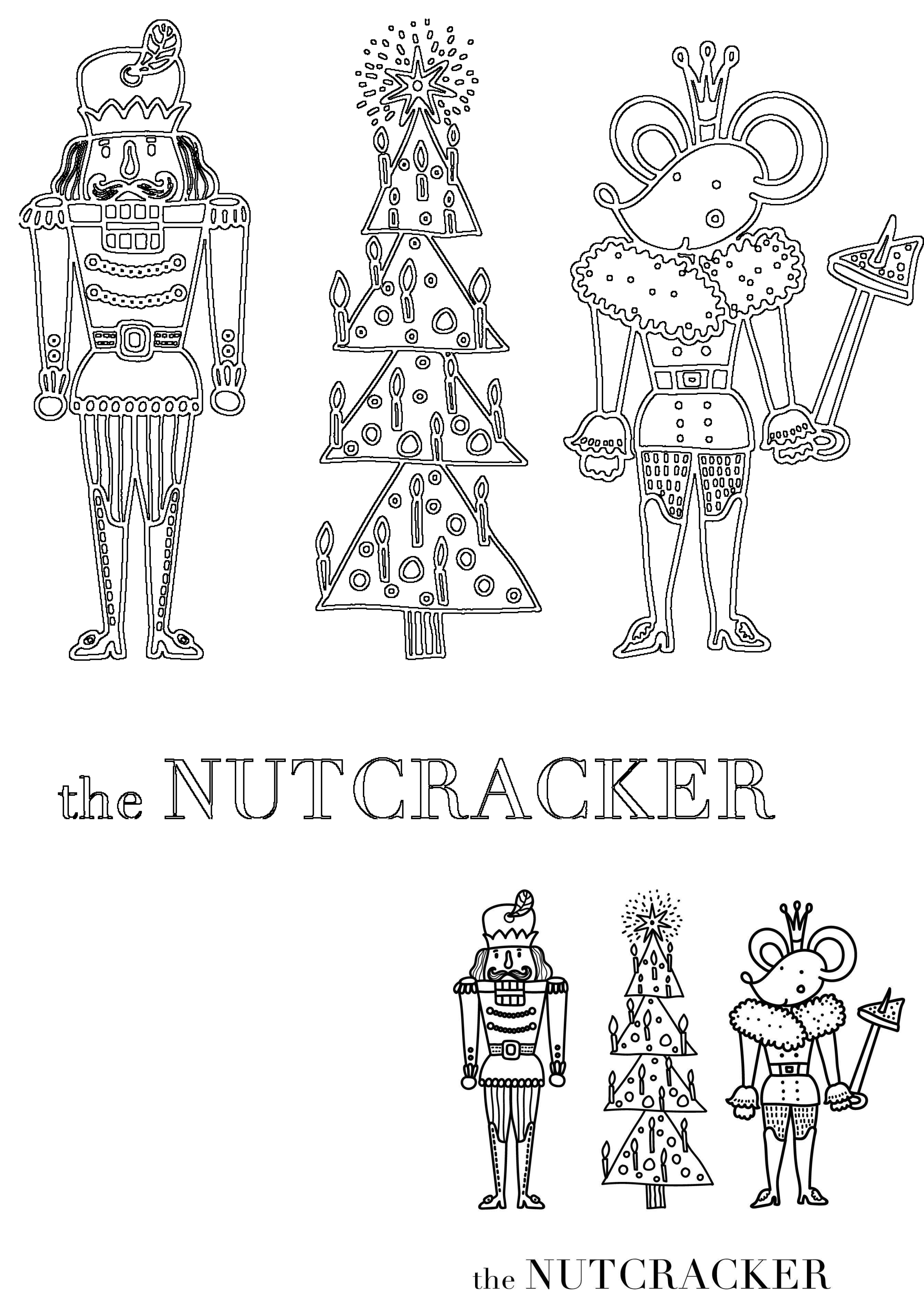 Outline of Nutcracker characters: toy soldier, Mouse King with scepter, and a festive Christmas tree, with "the NUTCRACKER" text.
