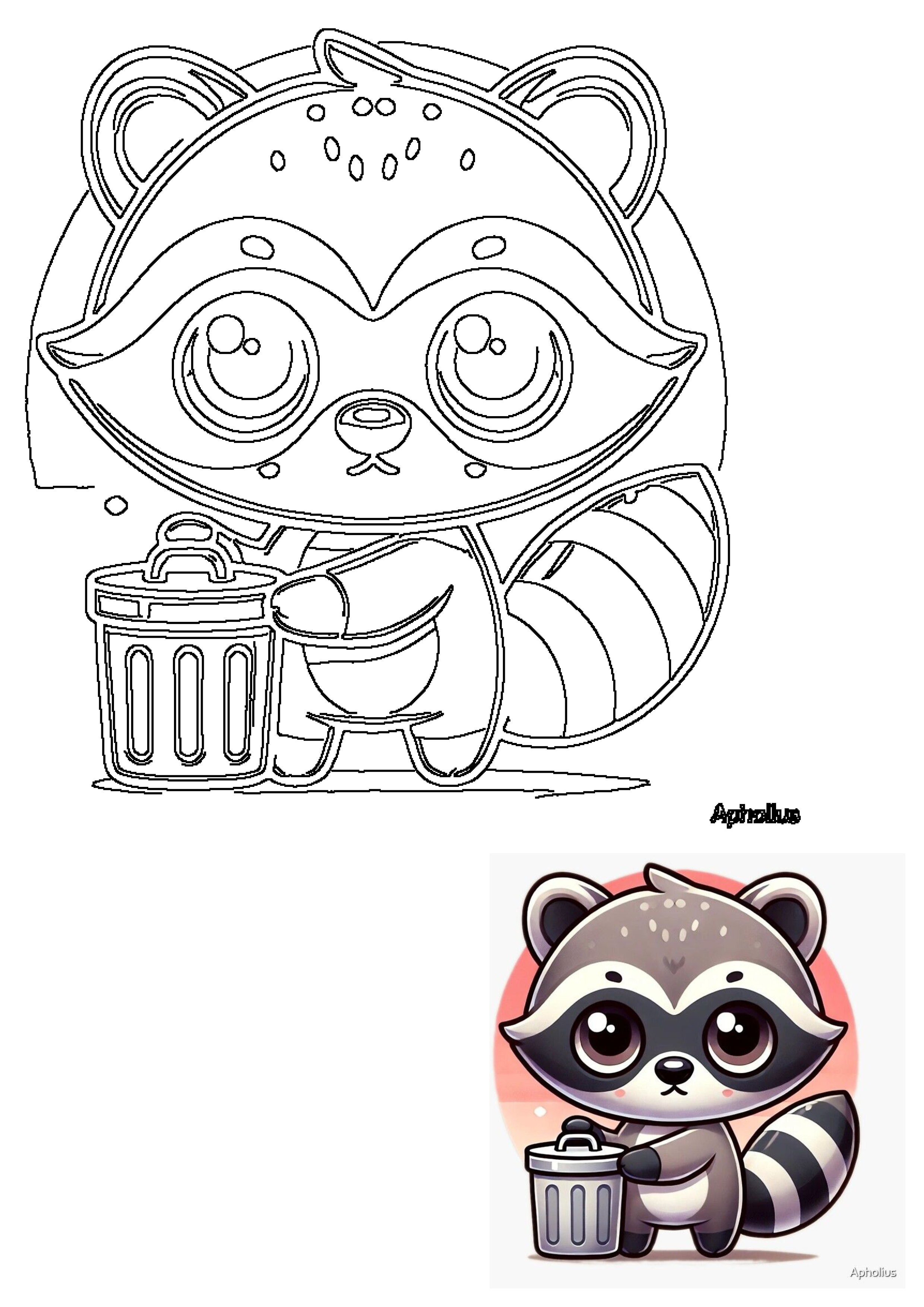 Black and white outline of a cute cartoon raccoon holding a trash can. An adorable animal illustration ready for coloring.