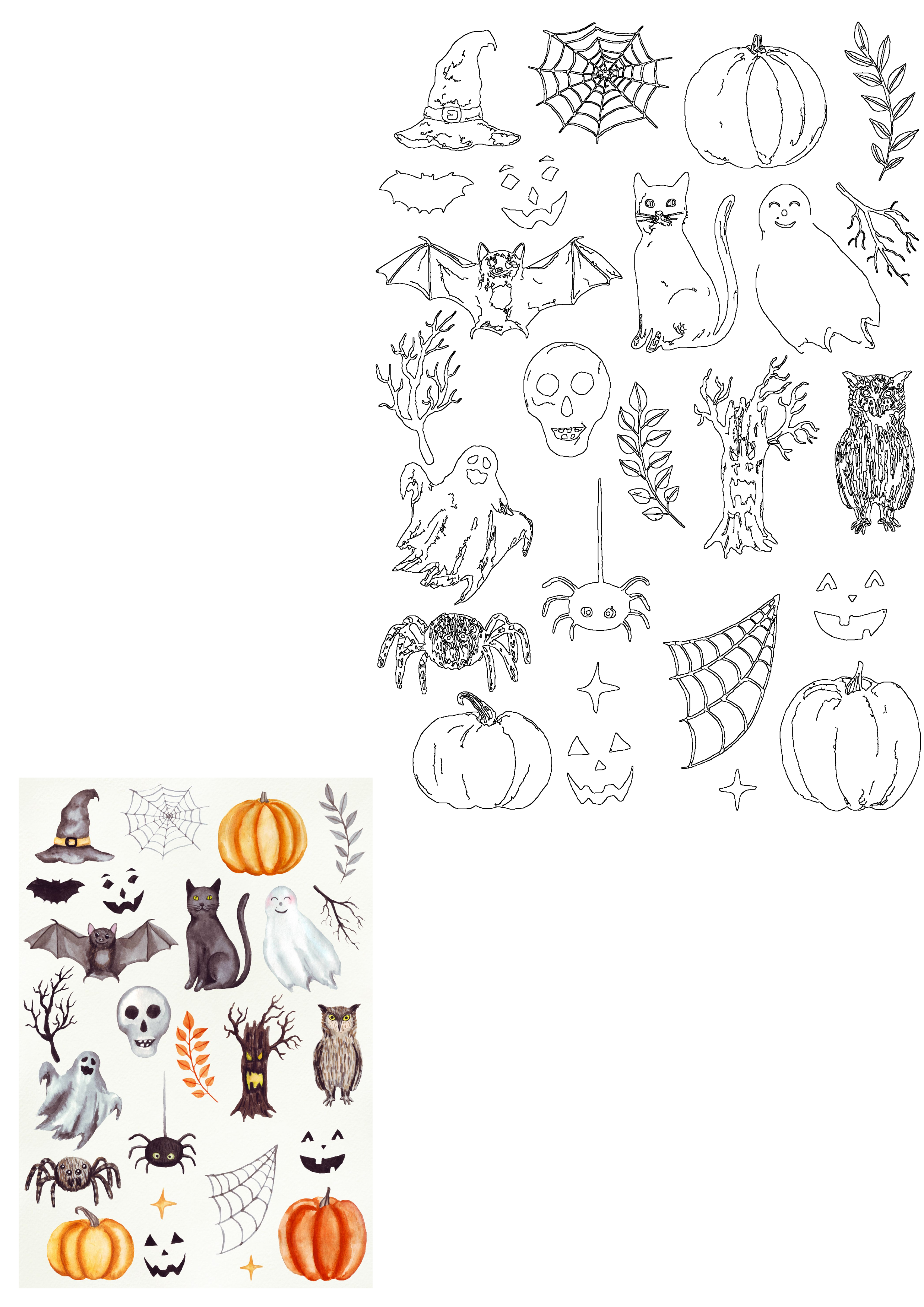 A spooky Halloween collection featuring watercolor and line art elements like pumpkins, ghosts, bats, cats, spiders, and witch hats.