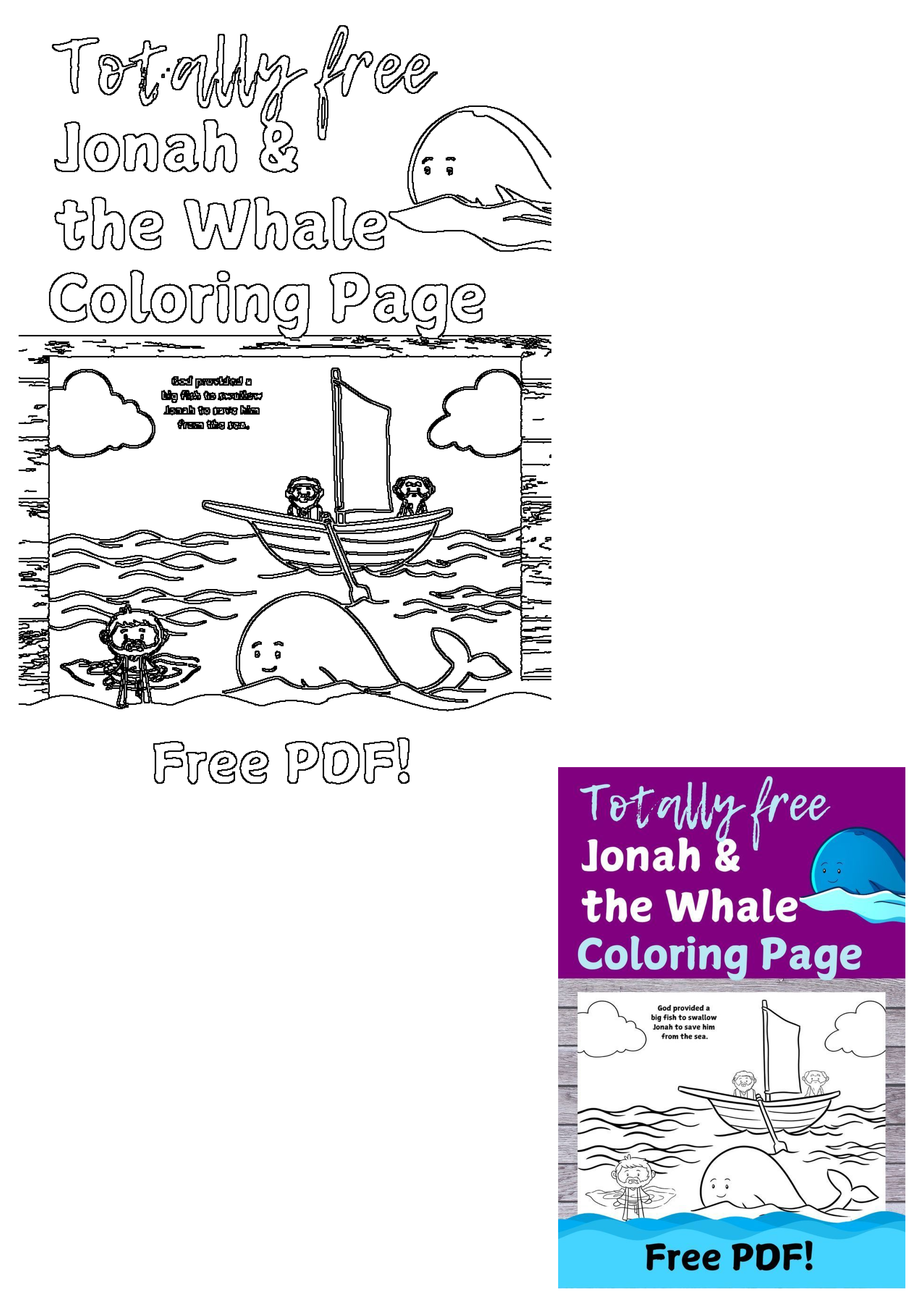 Free PDF printable of the Jonah and the Whale Bible story, depicting Jonah with a boat, people, and a whale in the sea.