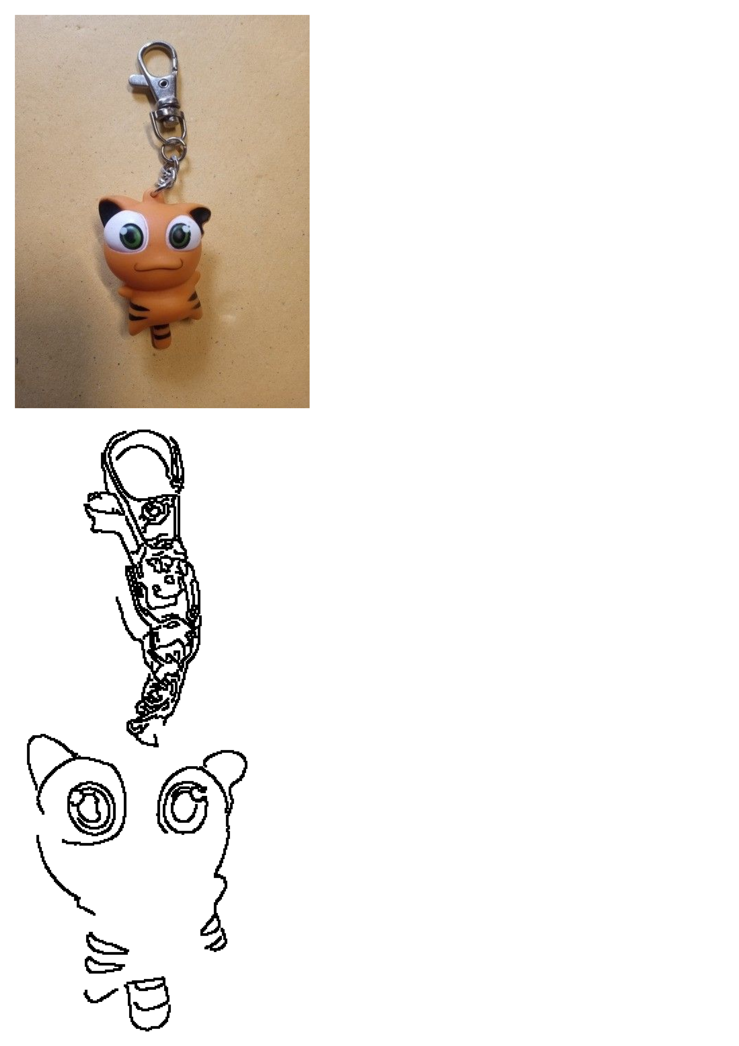 Orange tiger character keychain with vibrant green eyes and black stripes, attached to a silver carabiner clip. From Aliexpress.