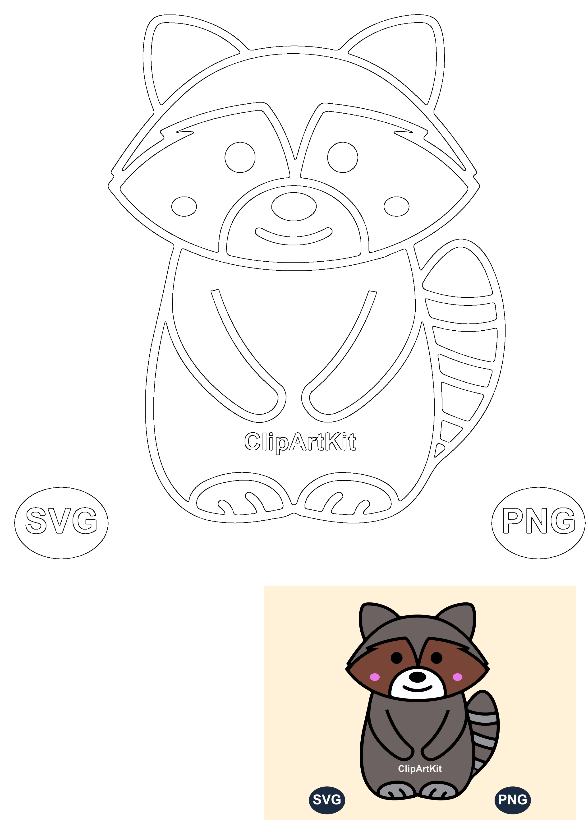 Cute cartoon raccoon outline cut file available as SVG and PNG clipart. Perfect for craft projects and digital designs.