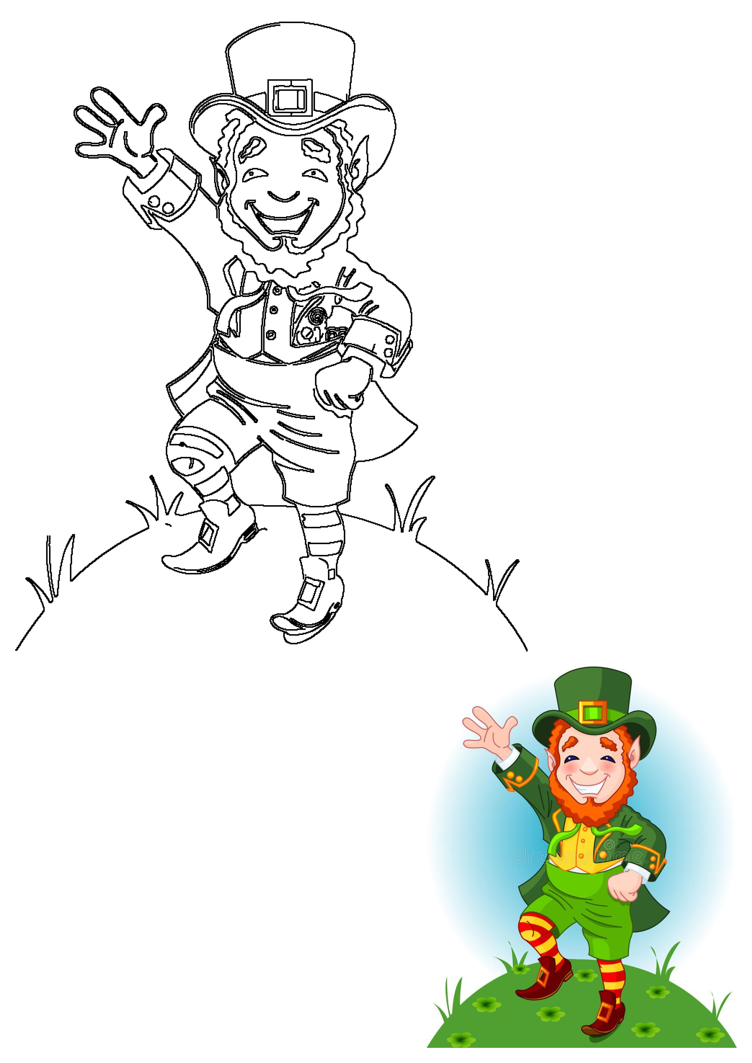 Happy leprechaun dancing in green suit and hat for St. Patrick's Day. Includes vibrant colored cartoon and black & white outline.
