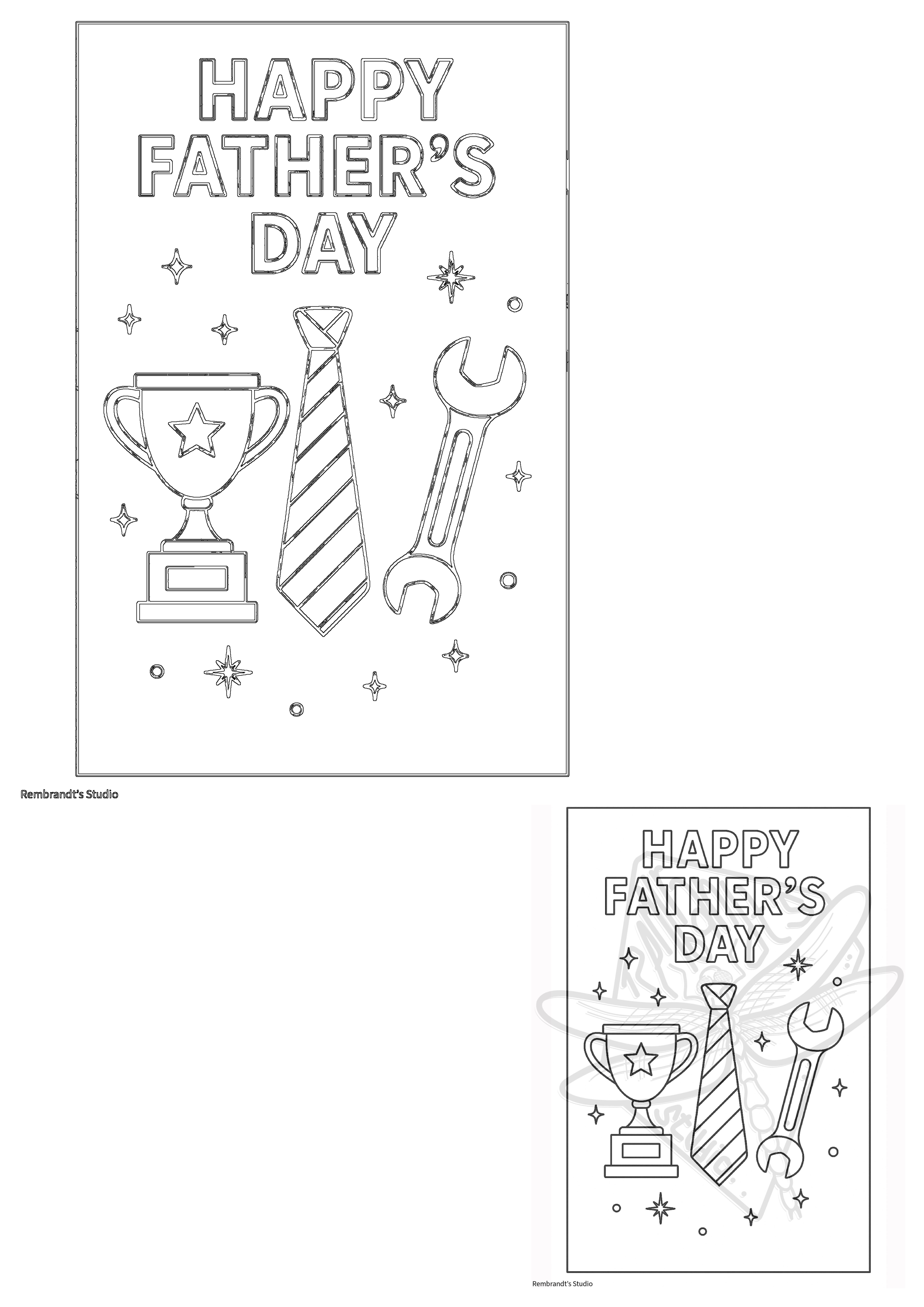 Outline drawing for Father's Day featuring a trophy with a star, a striped tie, and a wrench, with 'HAPPY FATHER'S DAY' text.