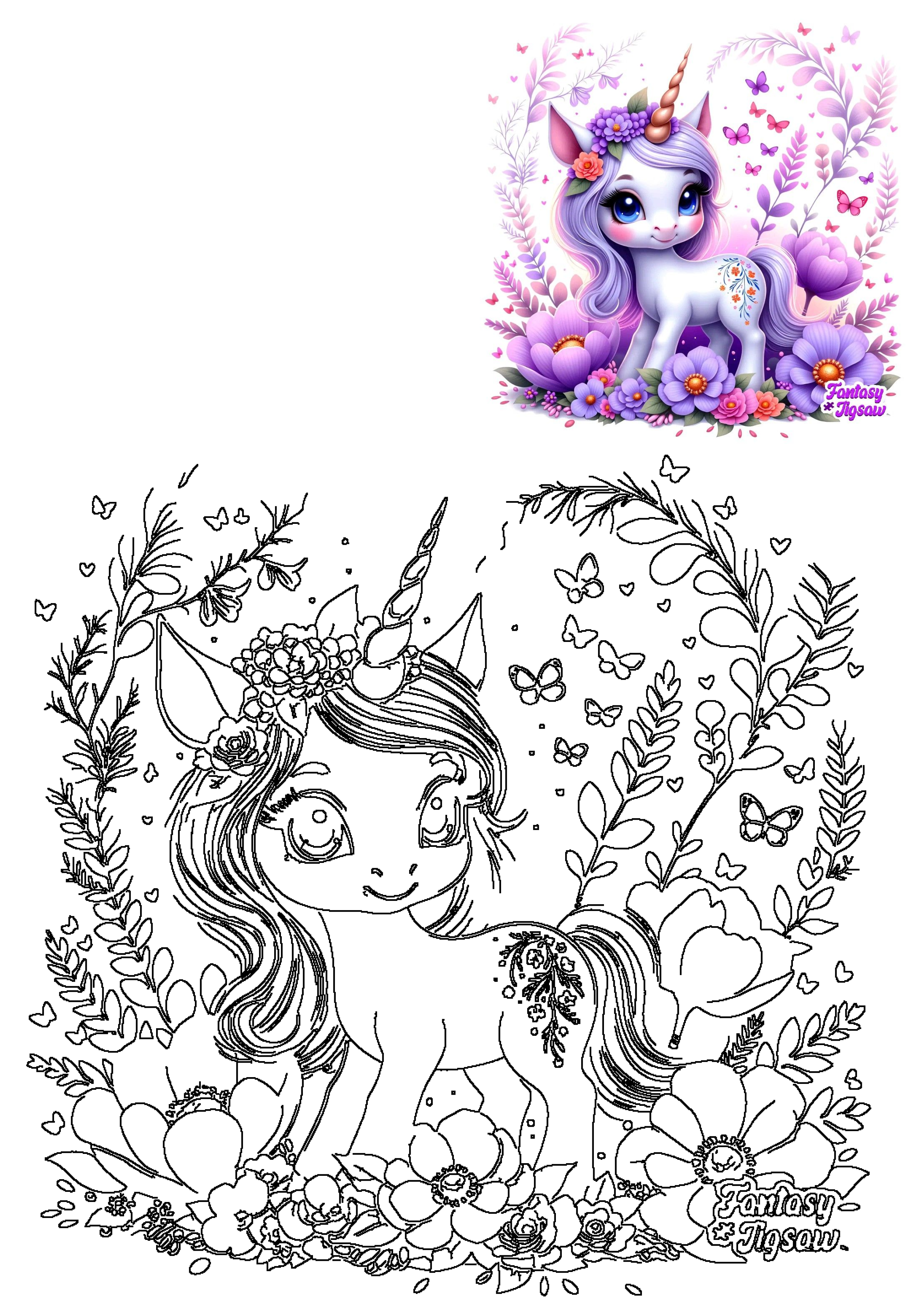 Vibrant illustration of a cute unicorn with purple flowers and butterflies, alongside its black and white line art. A magical fantasy scene.